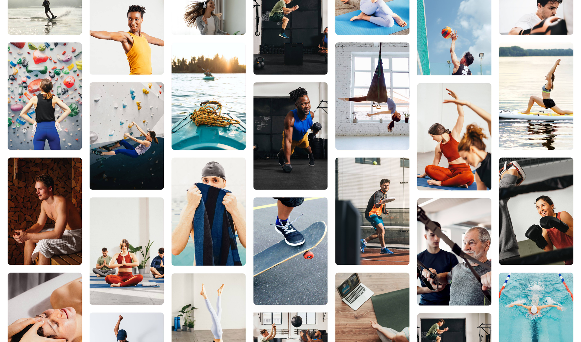 A diverse photographic grid collage showcasing a wide variety of fitness, sports, and wellness activities. Images include bouldering, swimming, yoga, gym workouts, paddleboarding, running, boxing, aerial sports, and sauna relaxation, featuring individuals of various backgrounds and age groups.