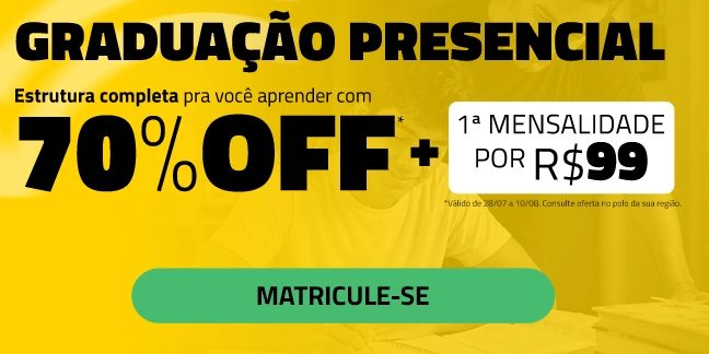 Graduação presencial — 70%off + 1ª mensalidade por R$99,00. Saiba mais.