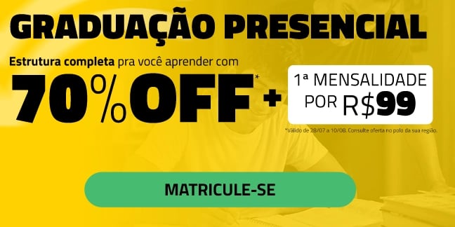 Graduação presencial — 70%off + 1ª mensalidade por R$99,00. Saiba mais.