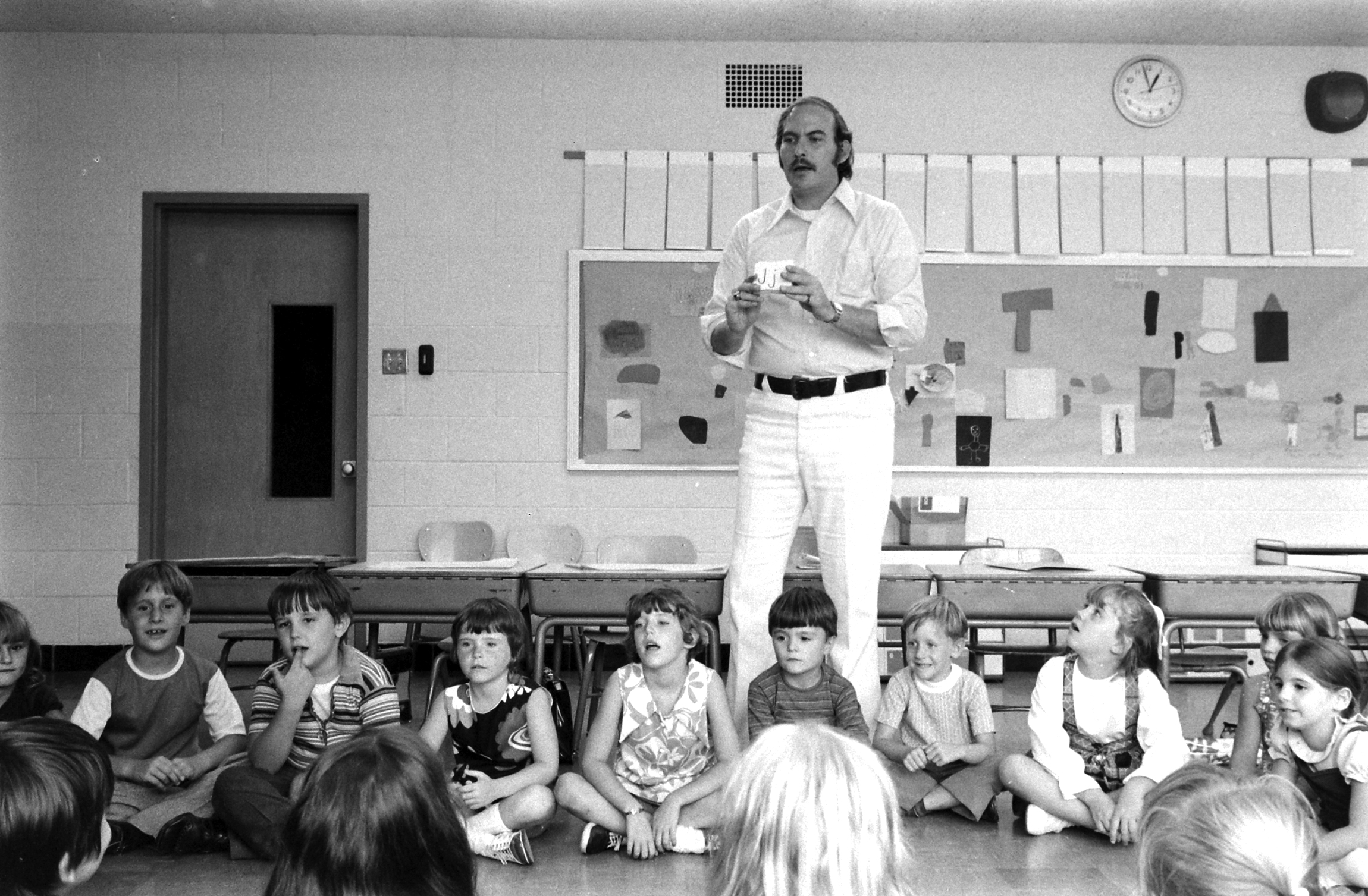 Male first grade teacher, Bill L'Orange as Calumet School in Chicago, 1972.