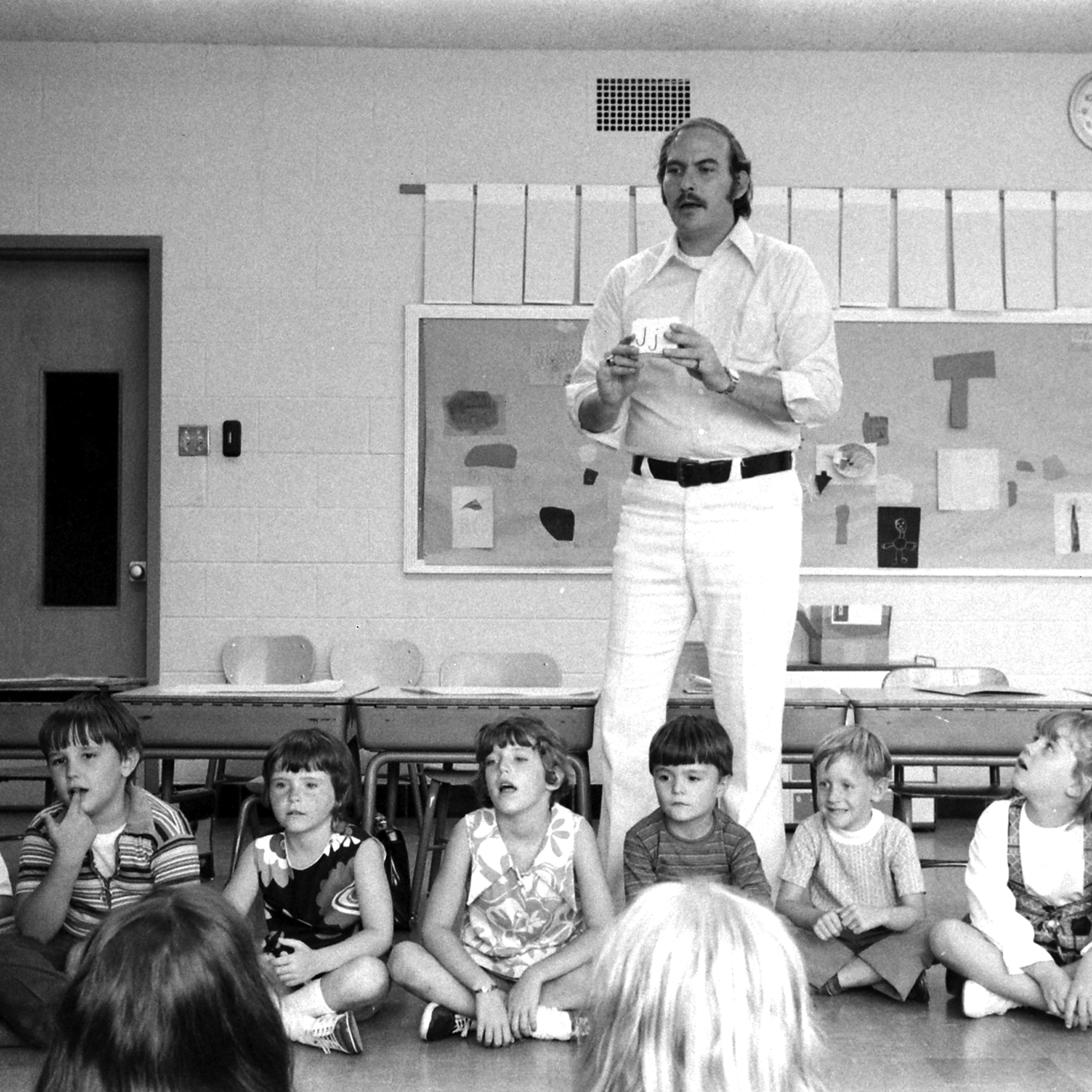 Male first grade teacher, Bill L'Orange as Calumet School in Chicago, 1972.