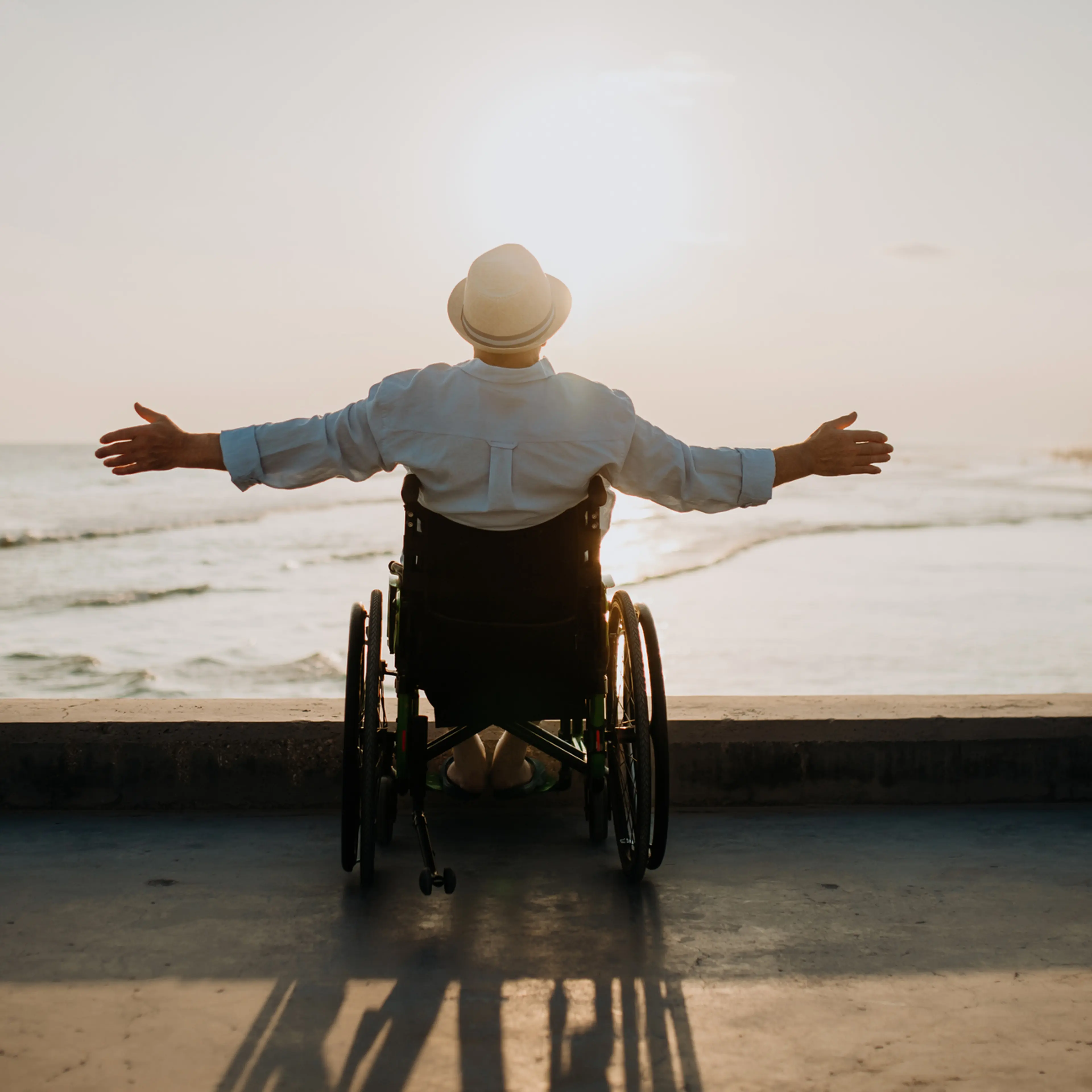 Rear view of man on wheelchair looking at sea.