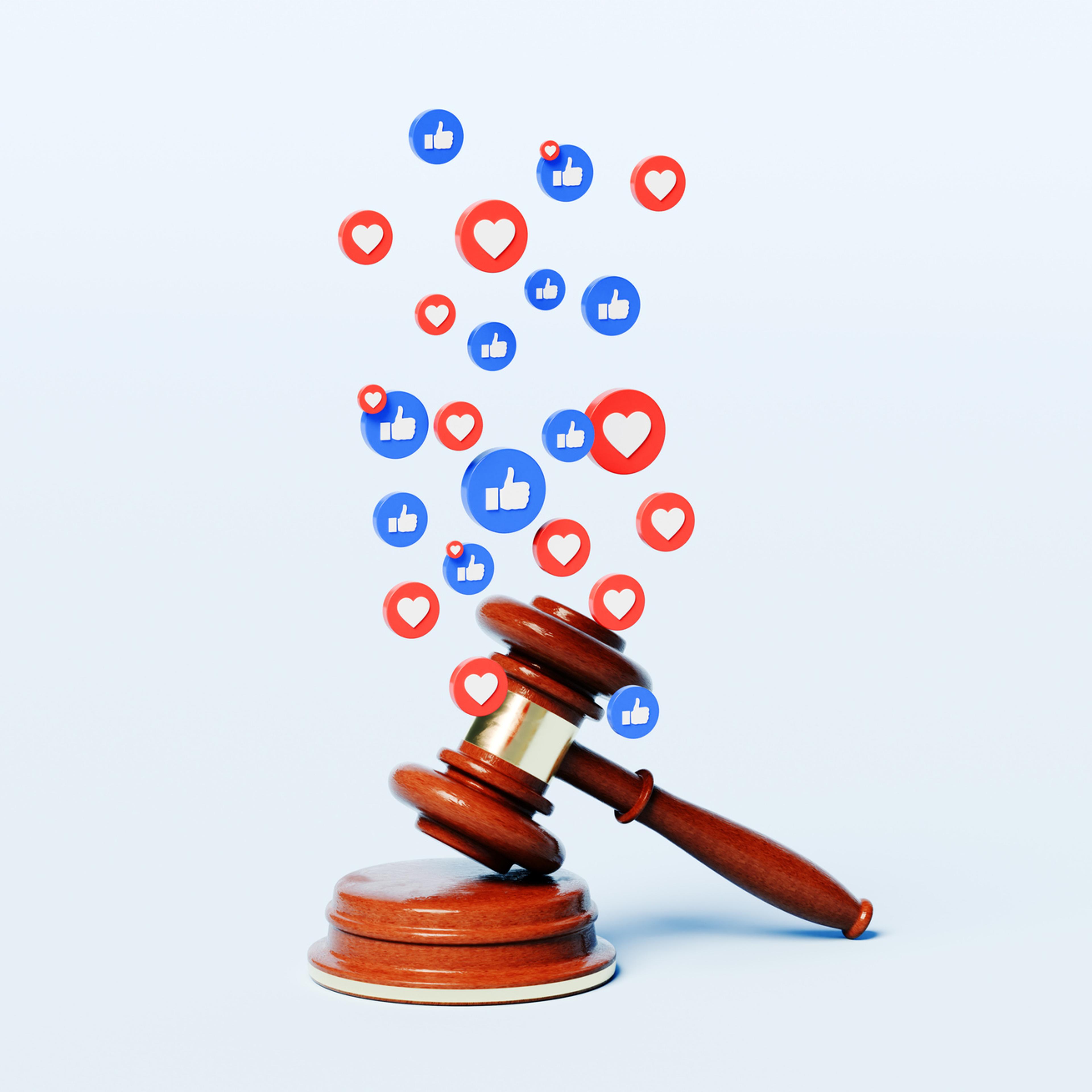 Justice Gavel with Floating Social Media Like Icons and Hearts – Digital Justice and Online Engagement