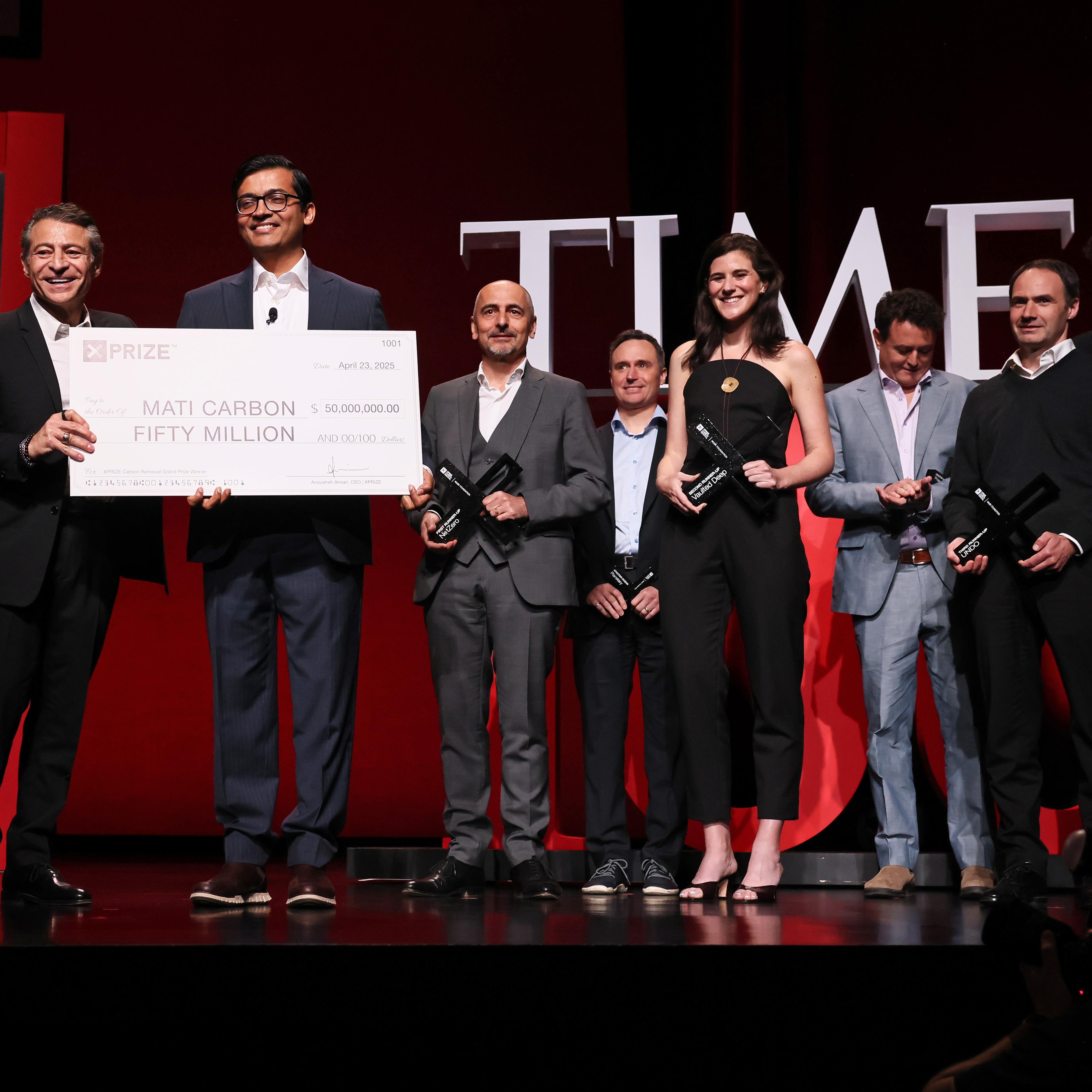 (L-R) Peter Diamandis, Shantanu Agarwal, Axel Reinaud, Mike Kelland, Julia Reichelstein, Matt Atwood, Jim Mann, and James Woolner onstage during the 2025 TIME100 Summit at Jazz at Lincoln Center on April 23, 2025 in New York City.