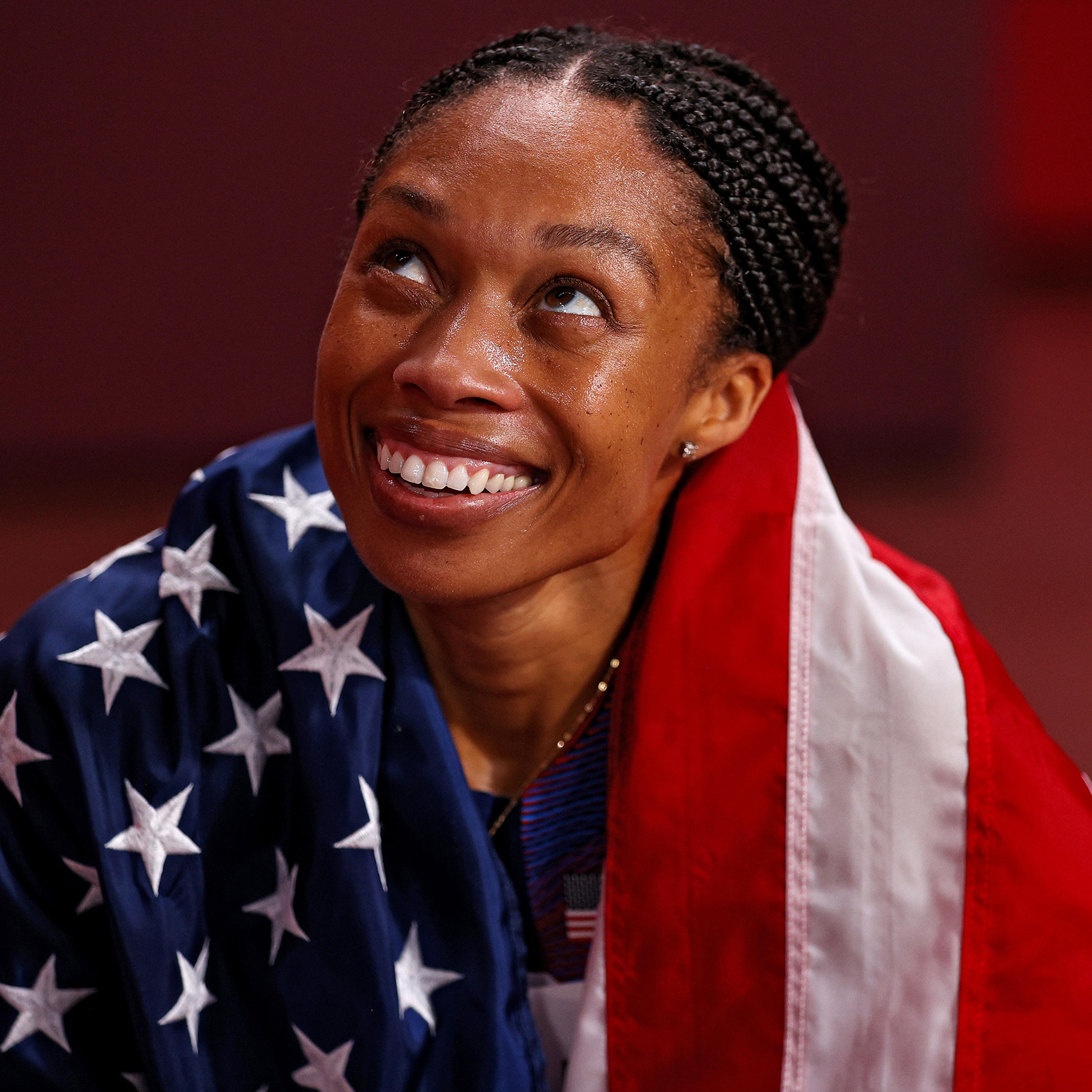 Bronze medalist Allyson Felix of Team USA celebrates after placing third in the Women's 400m on day fourteen of the Tokyo 2020 Olympic Games at Olympic Stadium on August 6, 2021 in Tokyo, Japan.