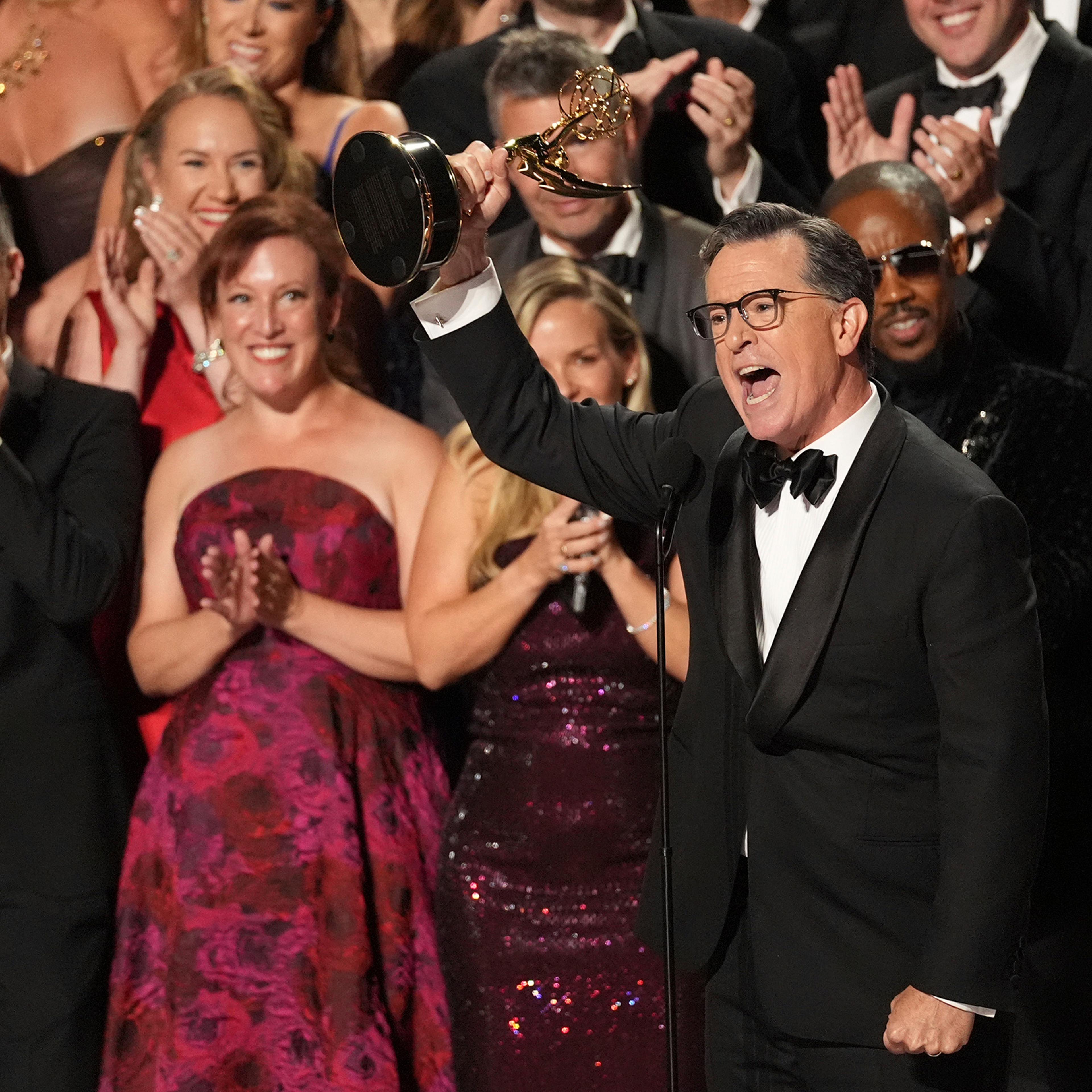 Stephen Colbert accepts the award for Outstanding Talk Series for "The Late Show with Stephen Colbert" at the 77th Emmy Awards in Los Angeles on Sept. 14, 2025.