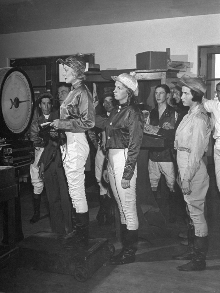 <b>Unpublished.</b> Weighing in for the Powder Puff Derby, Agua Caliente Racetrack, Mexico, 1949.
