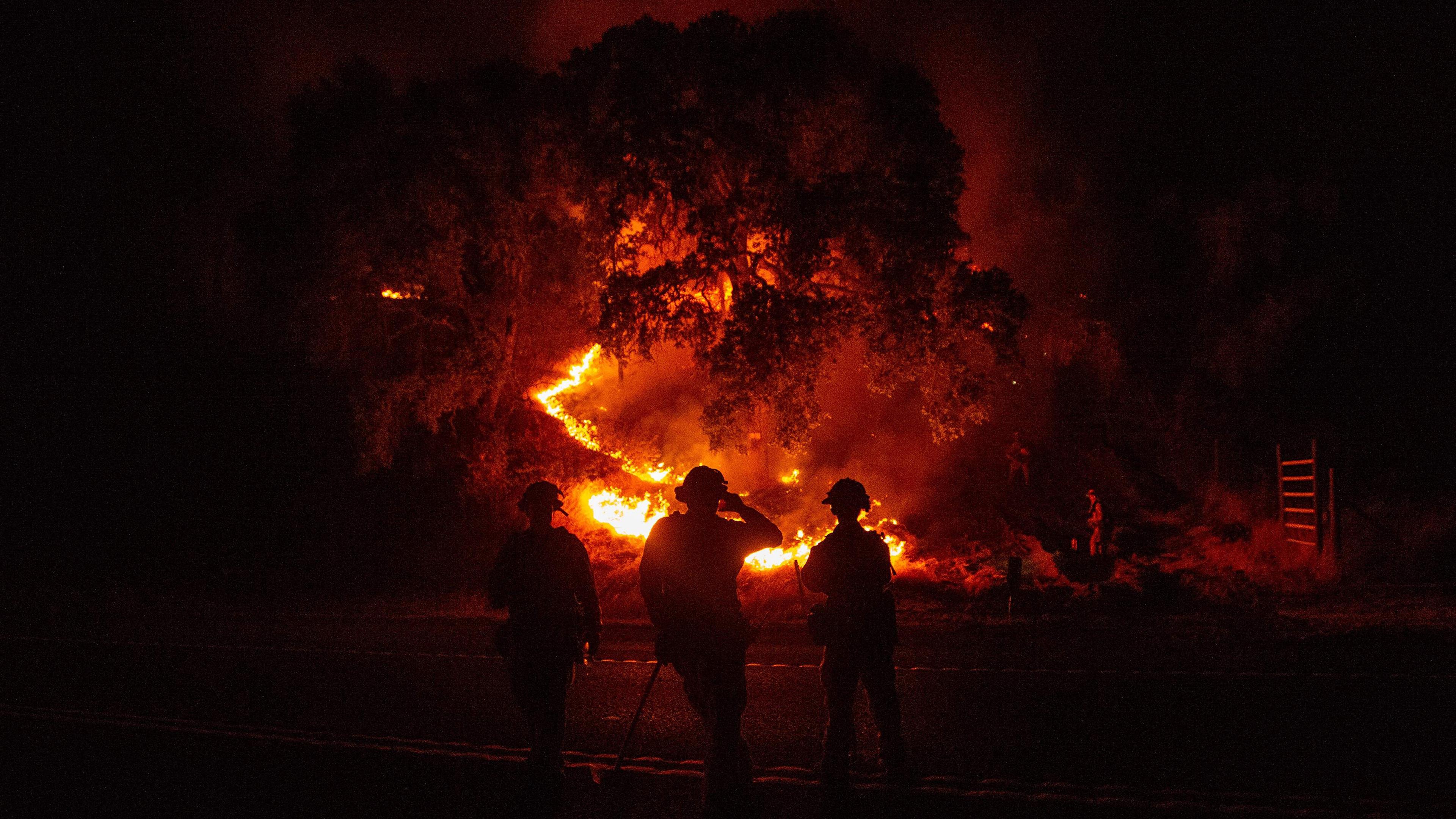 Firefighters watch a back burn during the Mendocino Complex fire in Upper Lake, Calif. on July 31.