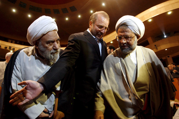 Tehran's Mayor Mohammad Bagher Ghalibaf (C) at the Telecommunication Milad Tower opening ceremony