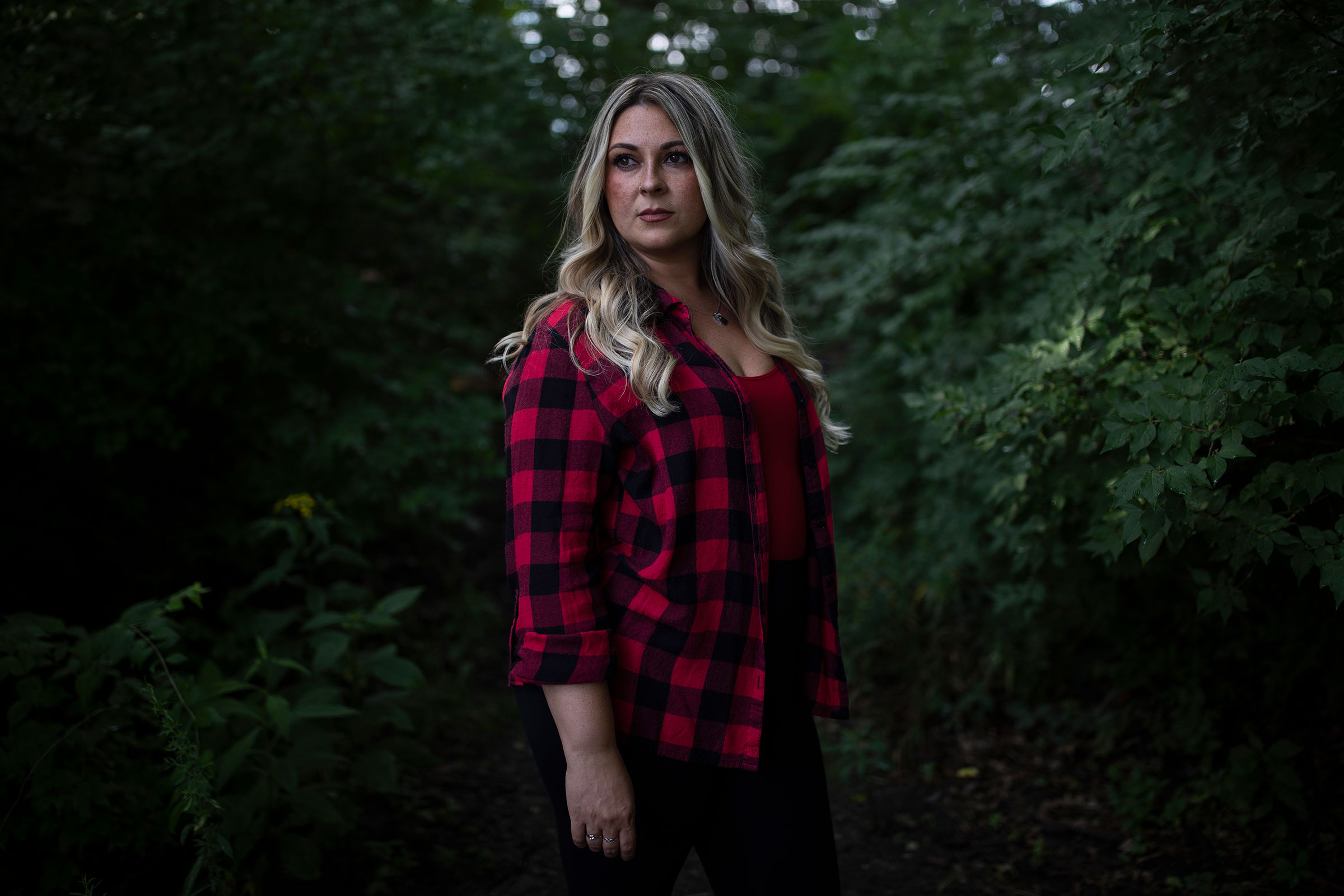 Tara George stands in Coe Lake Park near her home in Berea, OH on August 22, 2022. Tara had a wanted pregnancy and found out at 20 weeks that the fetus had multiple lethal anomalies, which would also have put her own life in danger even if she tried to d