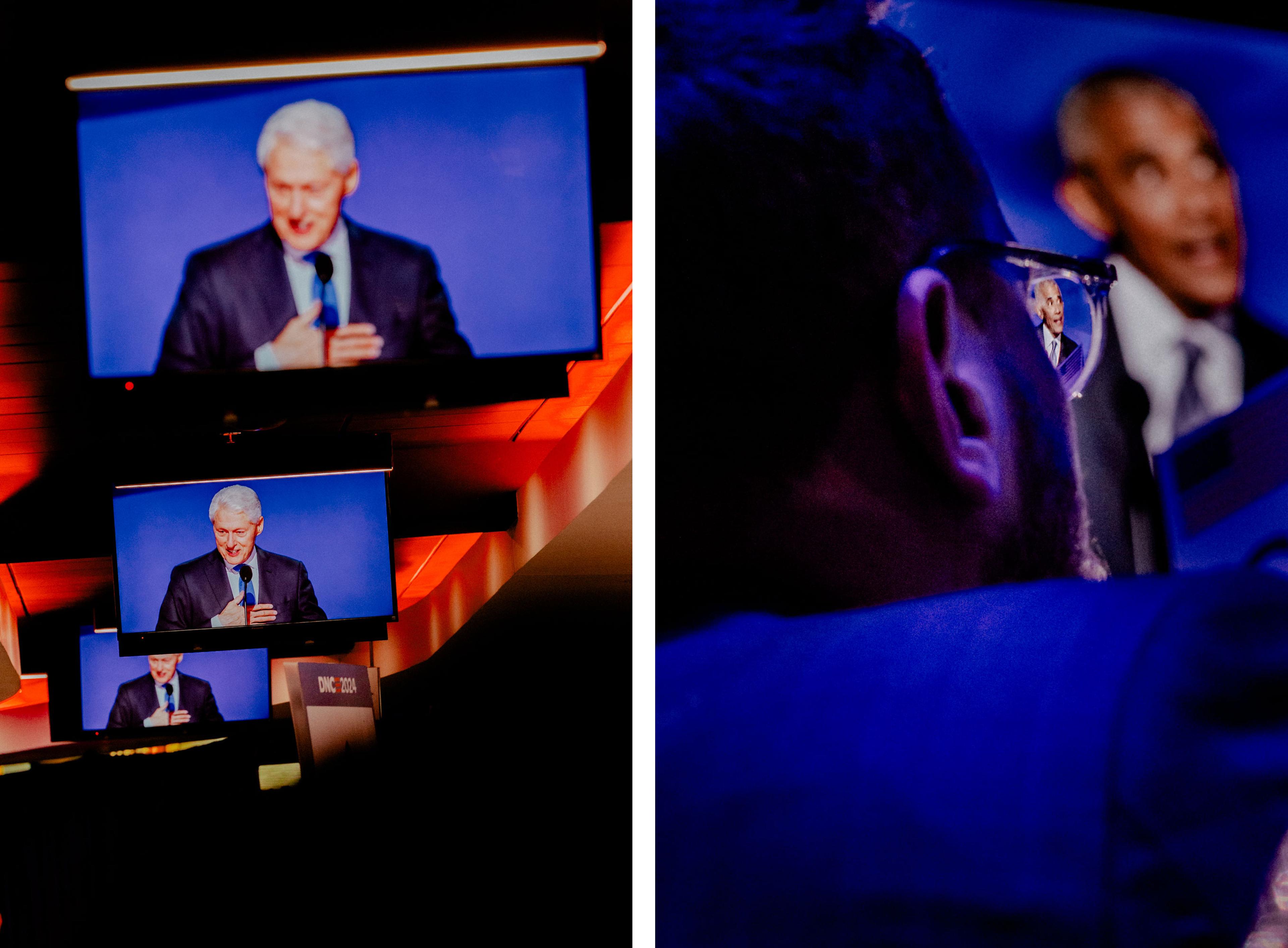 Day 3: Former President Bill Clinton seen on screens in the hallways of the arena, Aug. 21; Day 3: Former President Barack Obama seen through the lenses of an attendees' glasses, Aug. 21