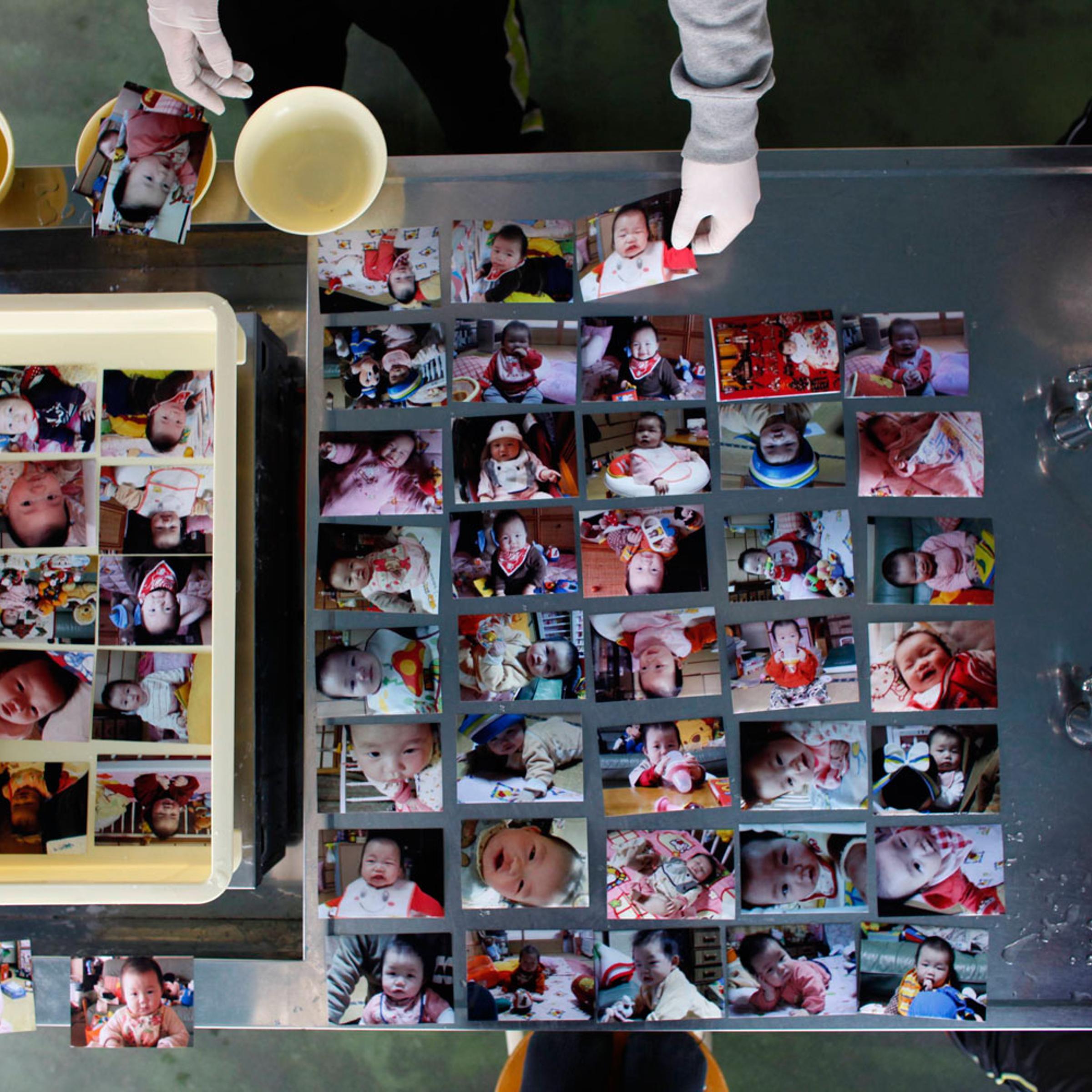 A Volunteer cleans baby photos recovered from earthquake and tsunami in the Ofunato, Iwate prefacture, Japan on April 12, 2011.