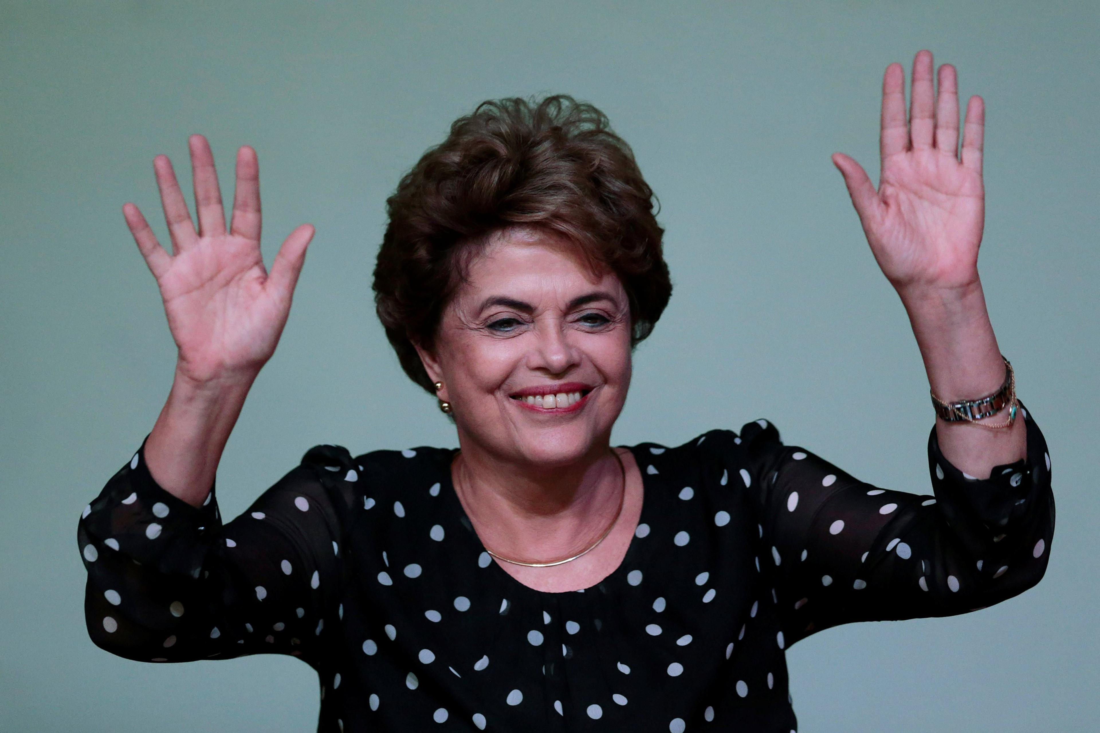 Dilma Rousseff gestures during the launching ceremony of the book "Resistance to the 2016 Coup," written by professors from the University of Brasilia, in Brazil, May 30, 2016.
