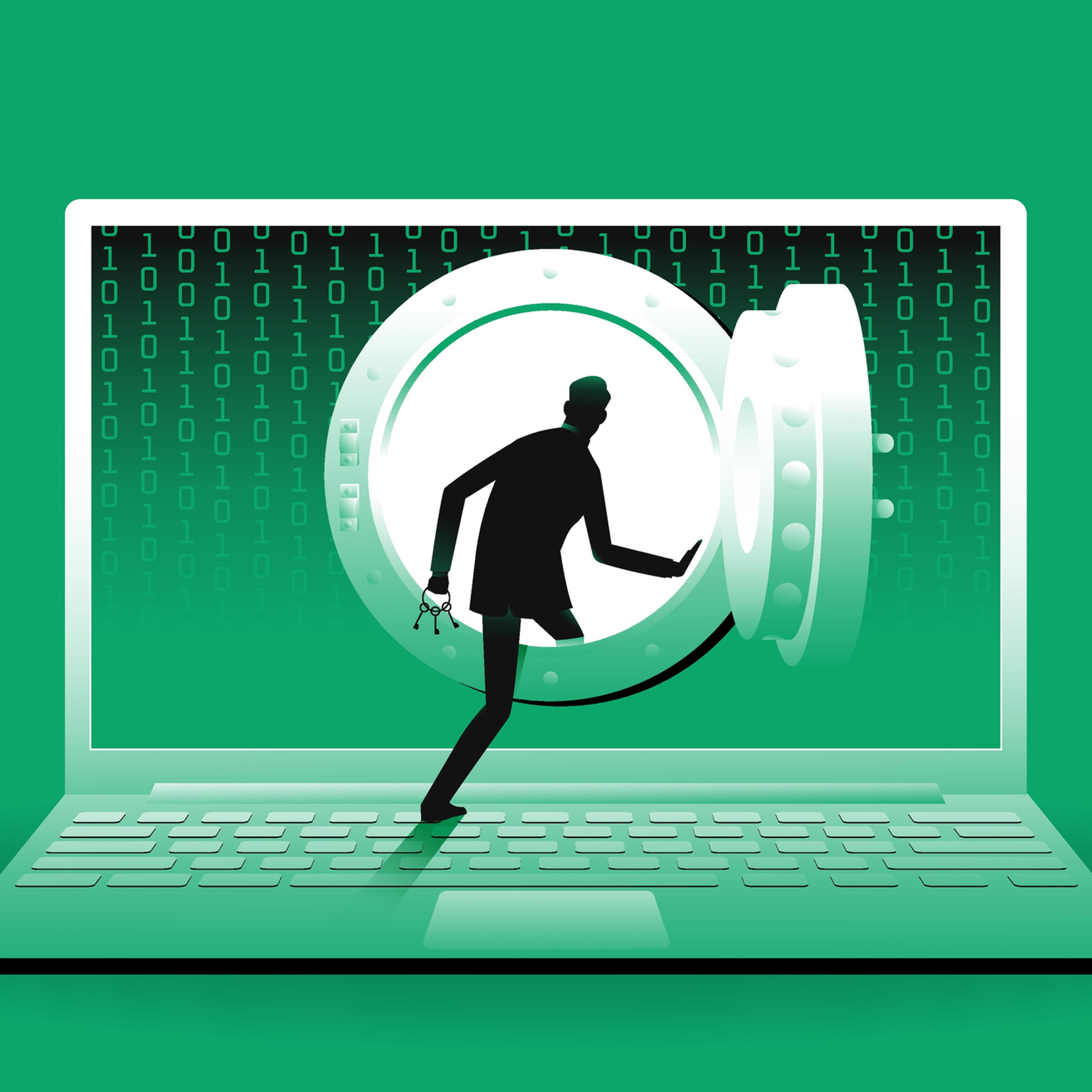 Cybersecurity Hacker opening vault door in laptop illustration