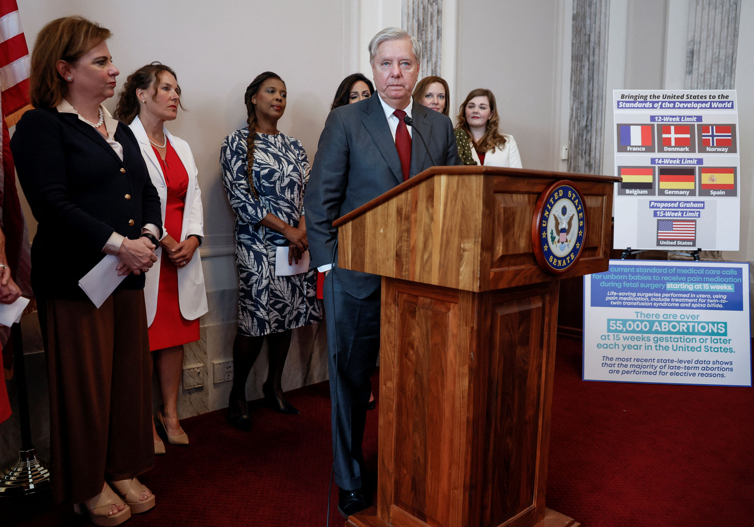 U.S. Senator Lindsey Graham (R-KY) unveils a nationwide abortion bill with new abortion restrictions, during a press conference alongside representatives from national anti-abortion organizations, on Capitol Hill in Washington, U.S., September, 13, 2022.