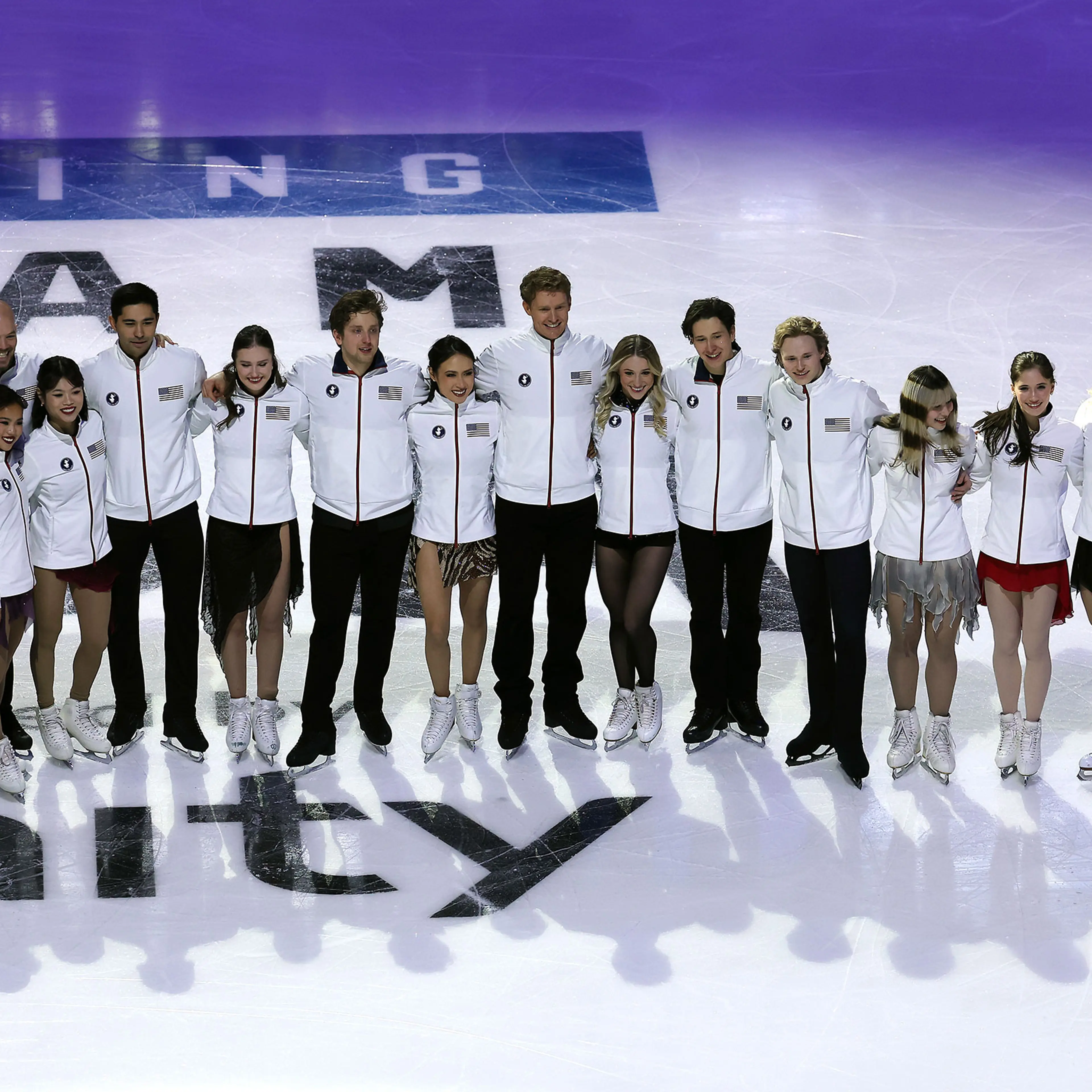 Members of the U.S. Olympic Team pose during a Making the Team event of the 2026 United States Figure Skating Championships on Jan. 11, 2026.