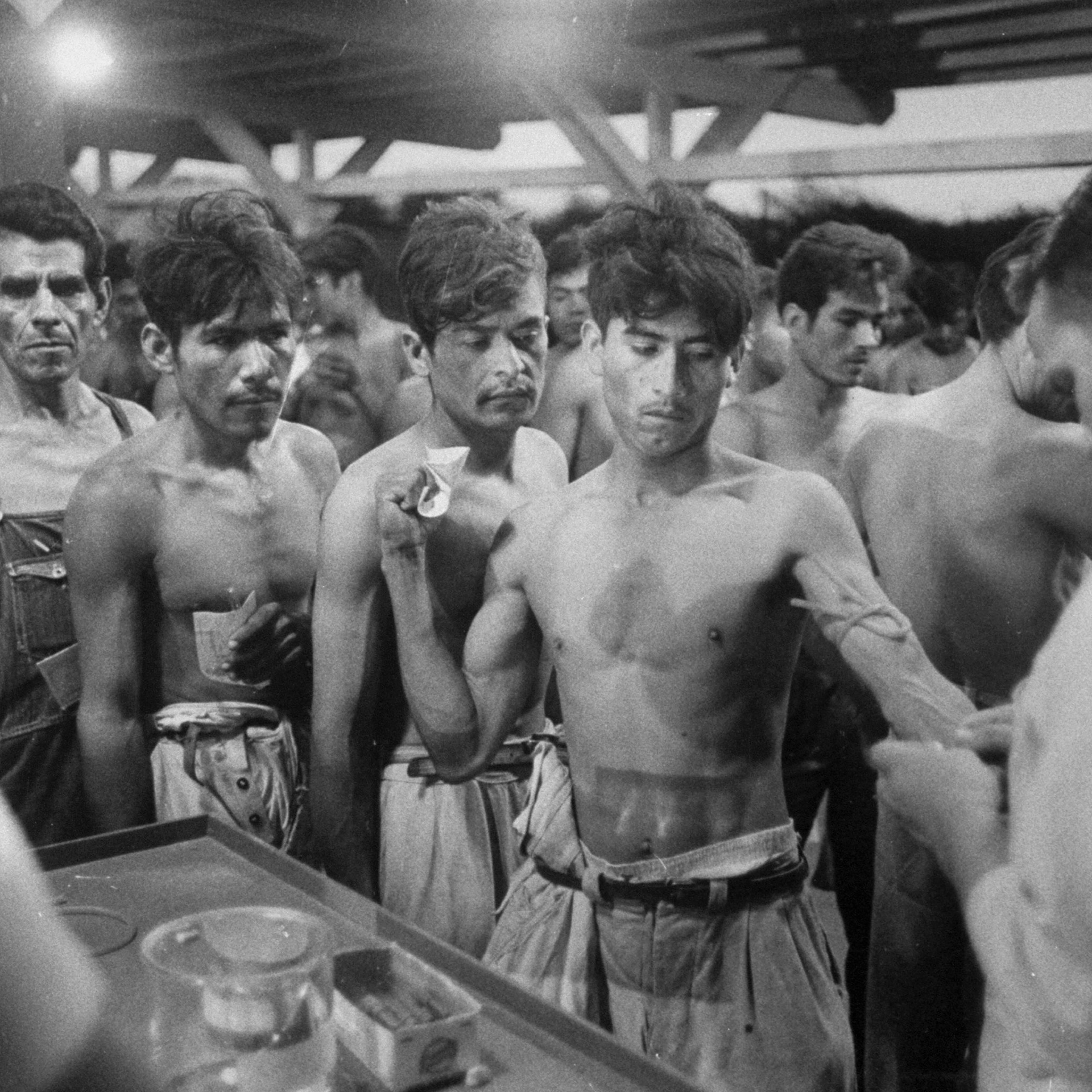 Braceros examined at reception center at Hidalgo, Texas, 1959.