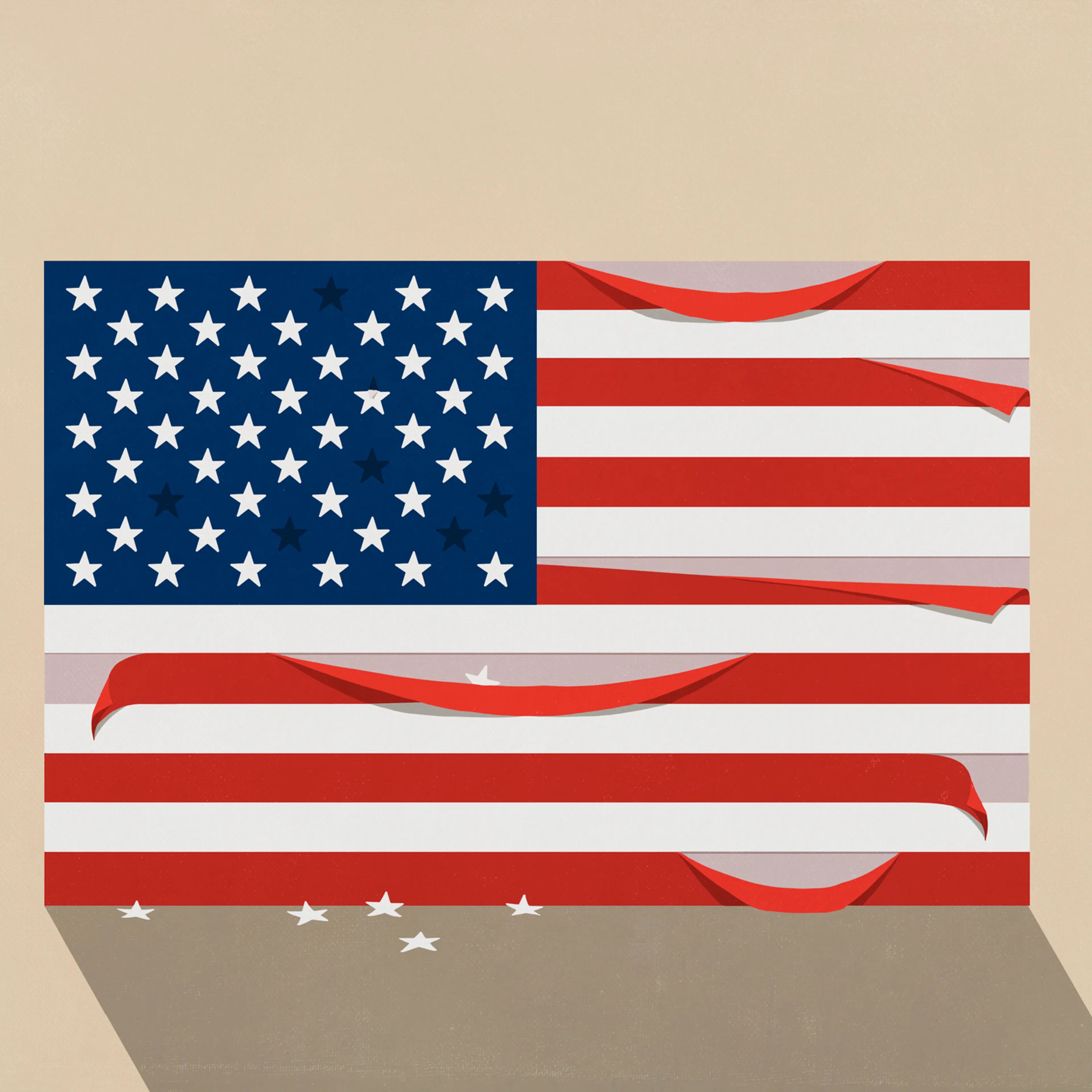 Stars and stripes falling and peeling off American flag