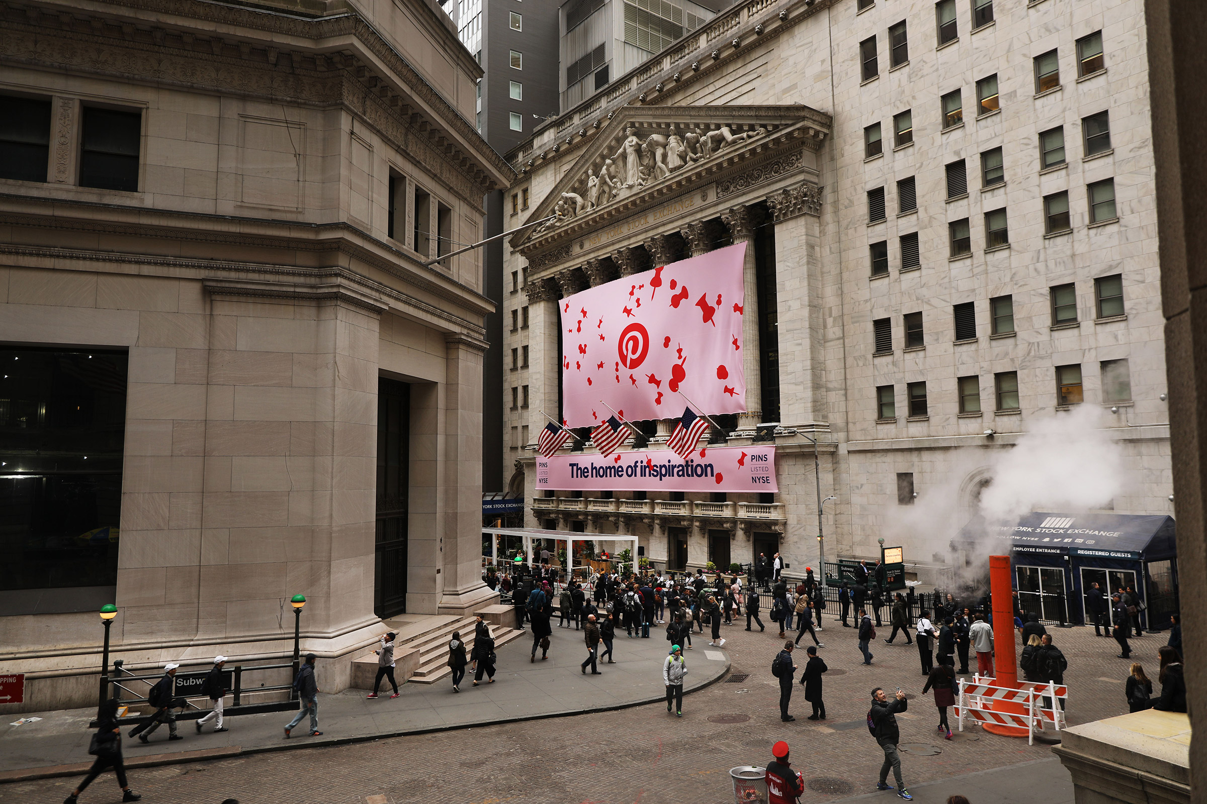 A Pinterest Inc. banner hangs from the New York Stock Exchange on the morning that Pinterest Inc. makes its initial public offering in New York City, on April 18, 2019.