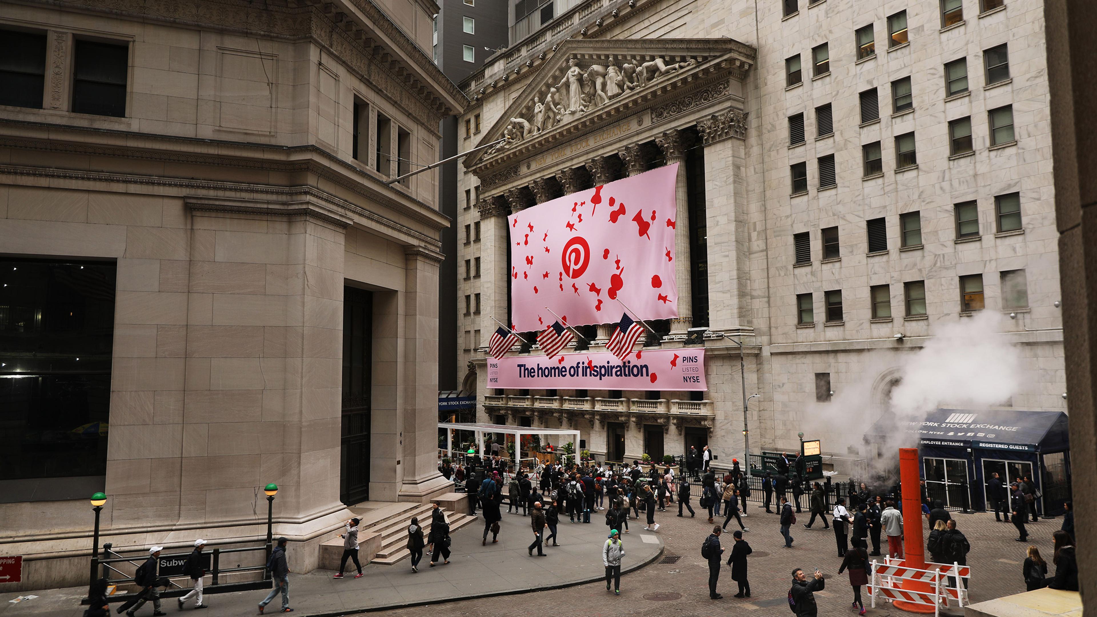 A Pinterest Inc. banner hangs from the New York Stock Exchange on the morning that Pinterest Inc. makes its initial public offering in New York City, on April 18, 2019.