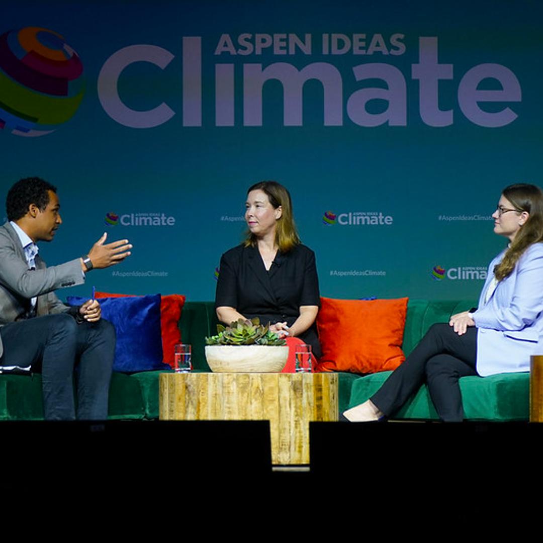 TIME senior correspondent Justin Worland, United Airlines Chief Sustainability Officer Lauren Riley and JP Morgan Global Head of Climate Advisory at the Aspen Ideas Climate summit on July 22
