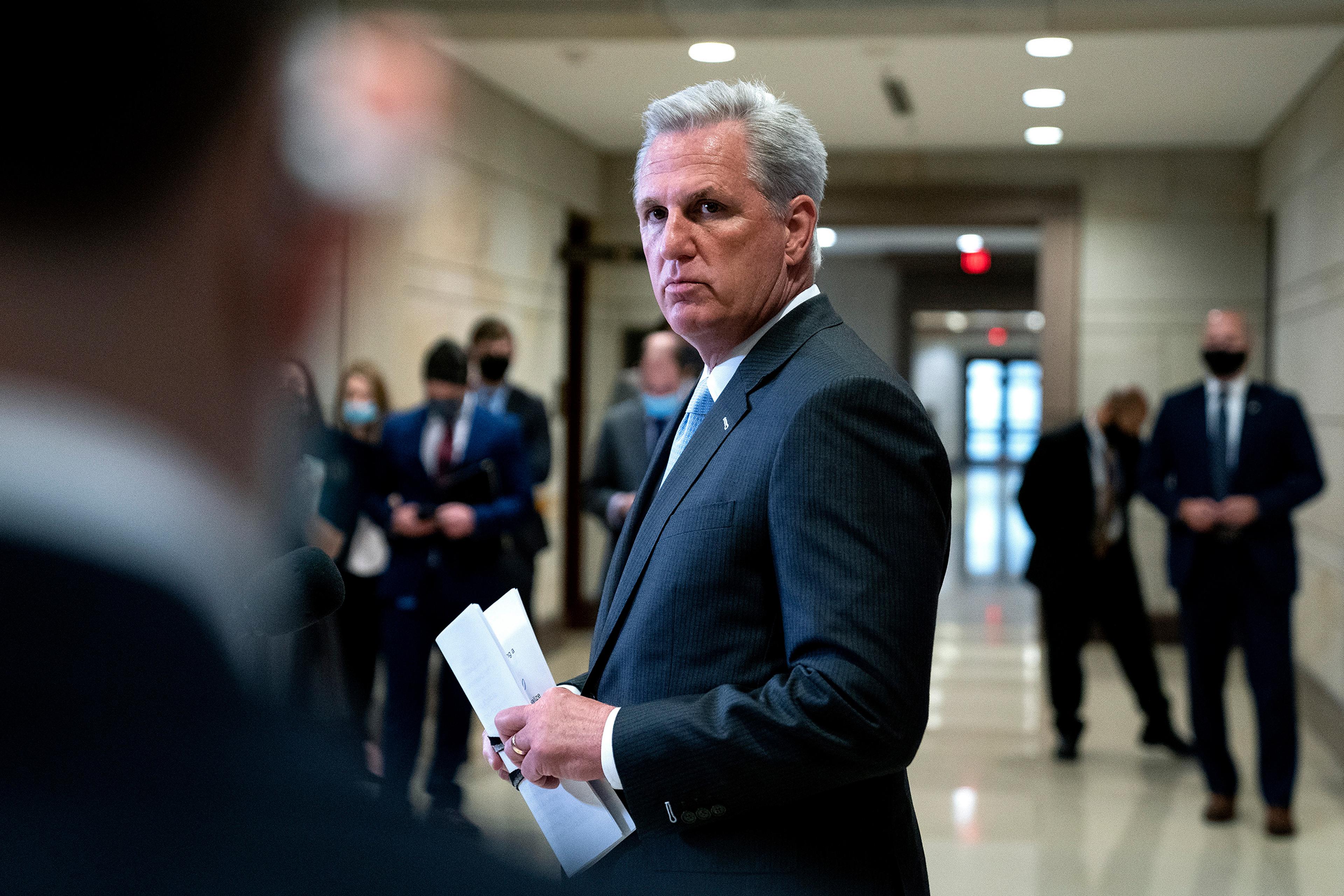 House Minority Leader Kevin McCarthy (R-Calif.) addresses during a news conference at the Capitol on Feb. 24.