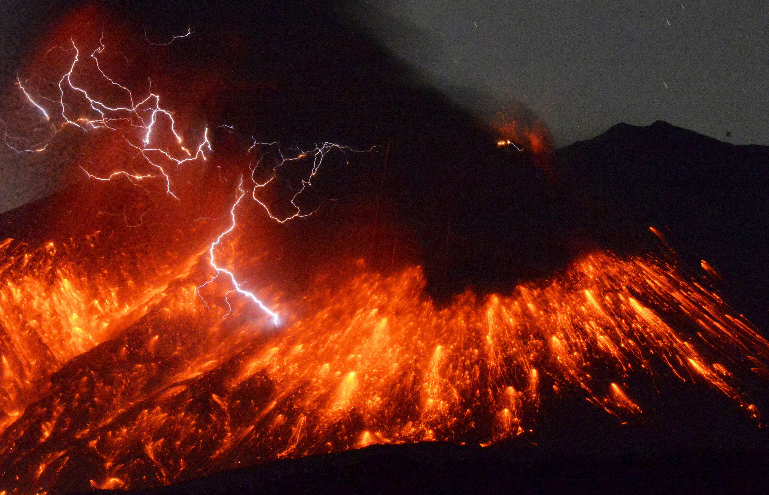 Volcanic lightning is seen at an eruption of Mount Sakurajima, in this photo taken from Tarumizu city, Kagoshima prefecture, southwestern Japan, on Feb. 5, 2016.