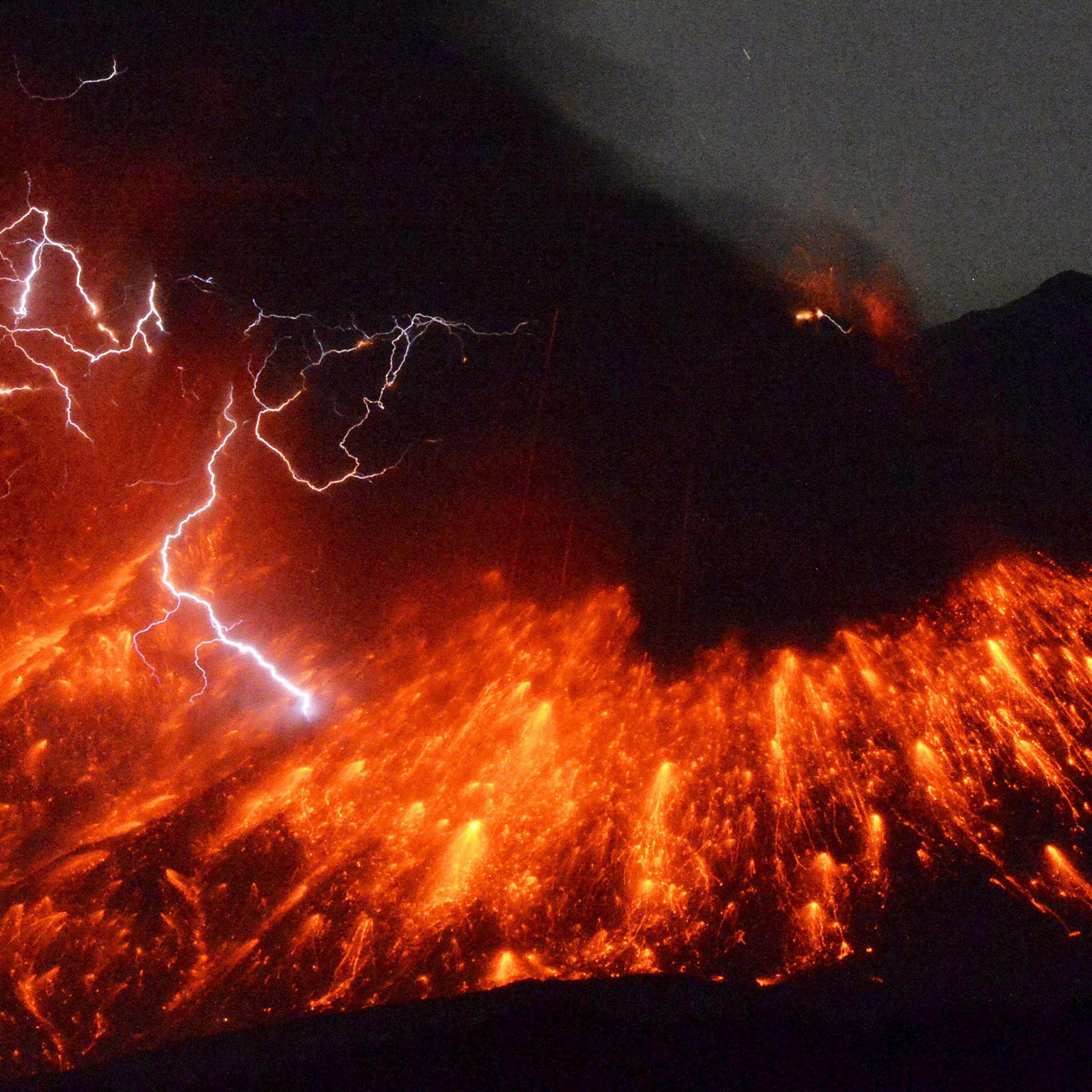 Volcanic lightning is seen at an eruption of Mount Sakurajima, in this photo taken from Tarumizu city, Kagoshima prefecture, southwestern Japan, on Feb. 5, 2016.