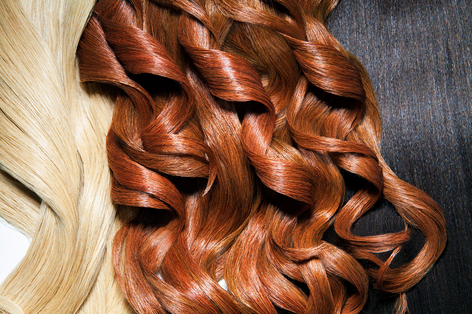Still life of 3 different hair colors. close up.