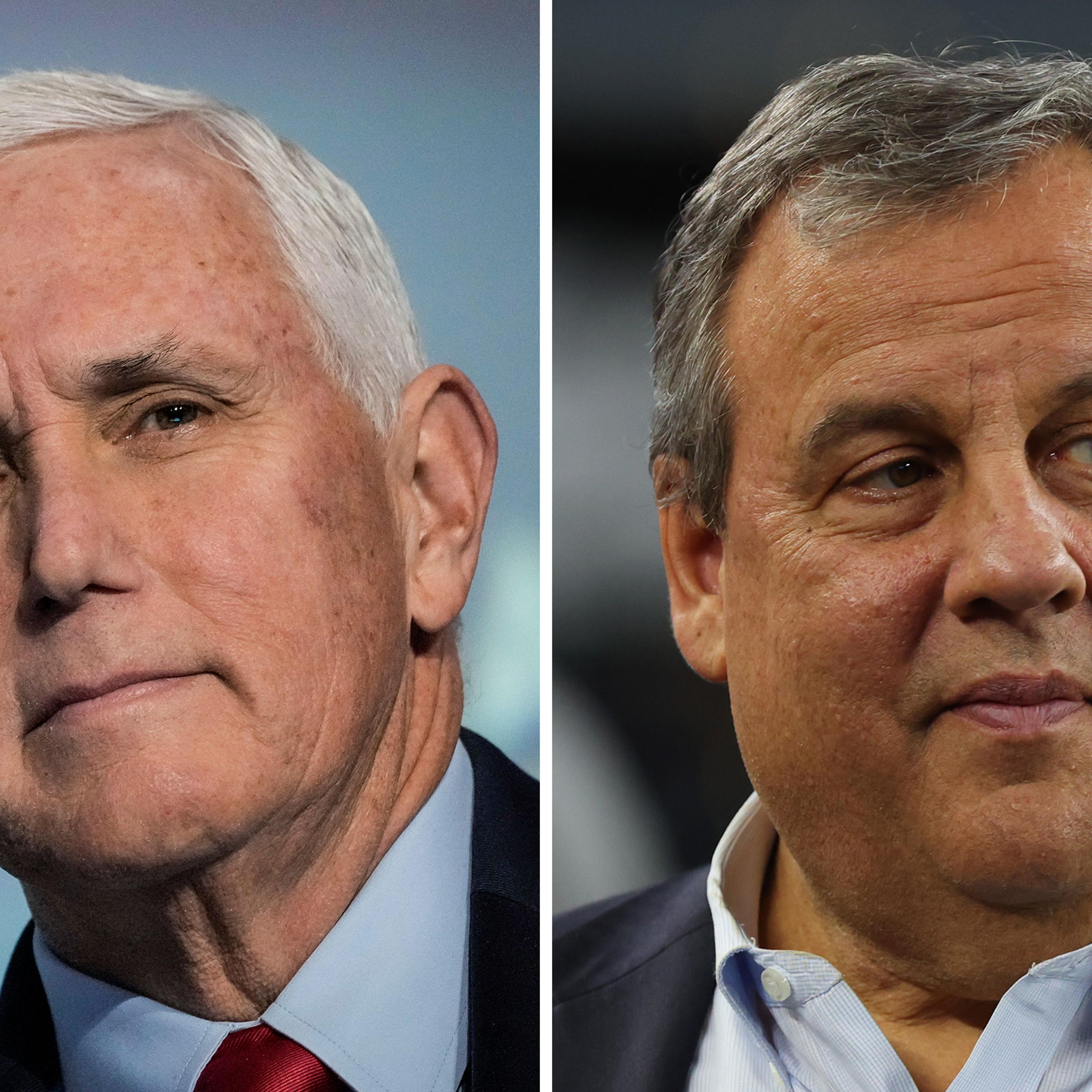 A side by side pairing of images showing former Vice President Mike Pence on the left and Former New Jersey Governor Chris Christie on the right, both have neutral expressions and are looking off in different directions