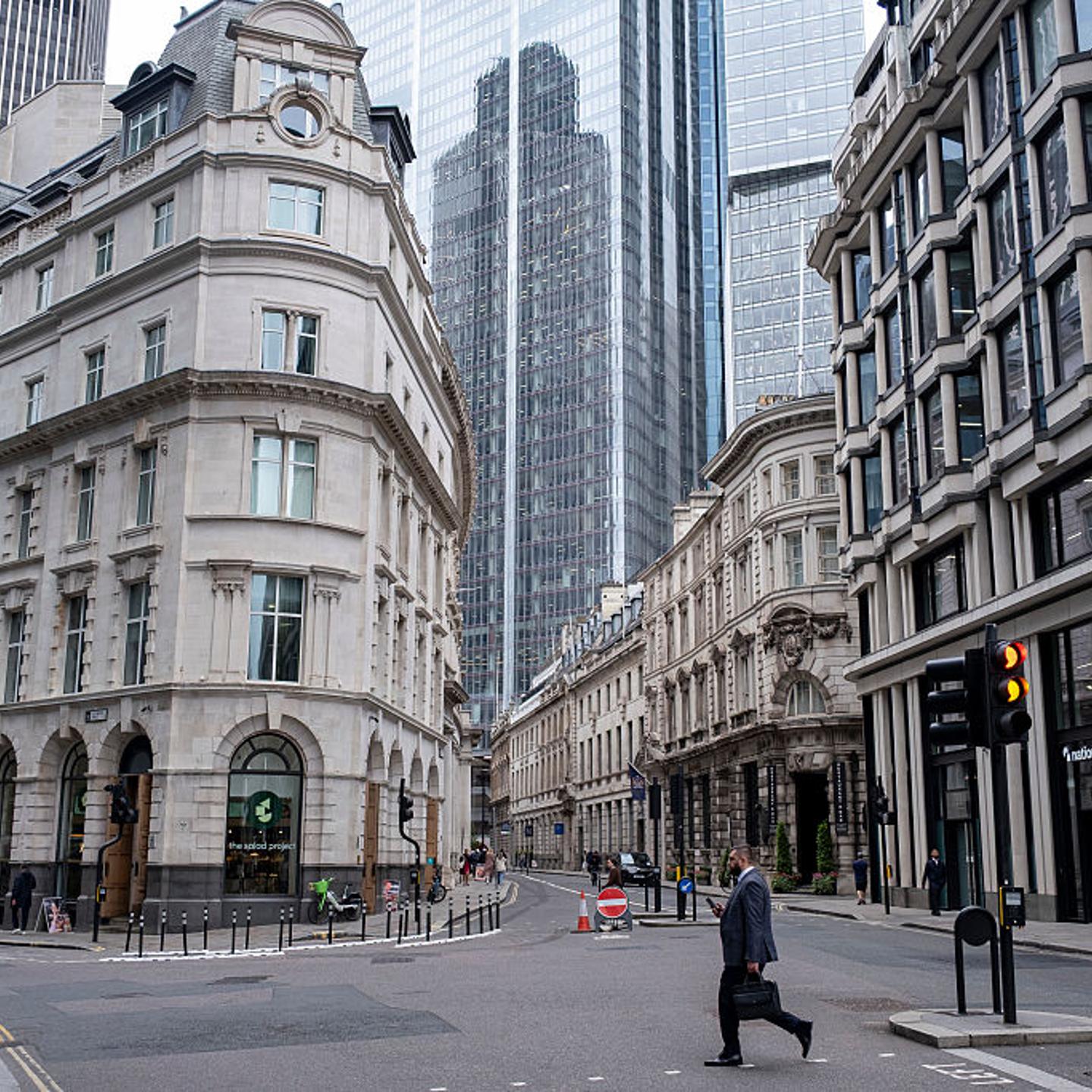 View looking along Threadneedle Street past old low rise financial buildings in the City of London on June 3 2025 in London, United Kingdom.