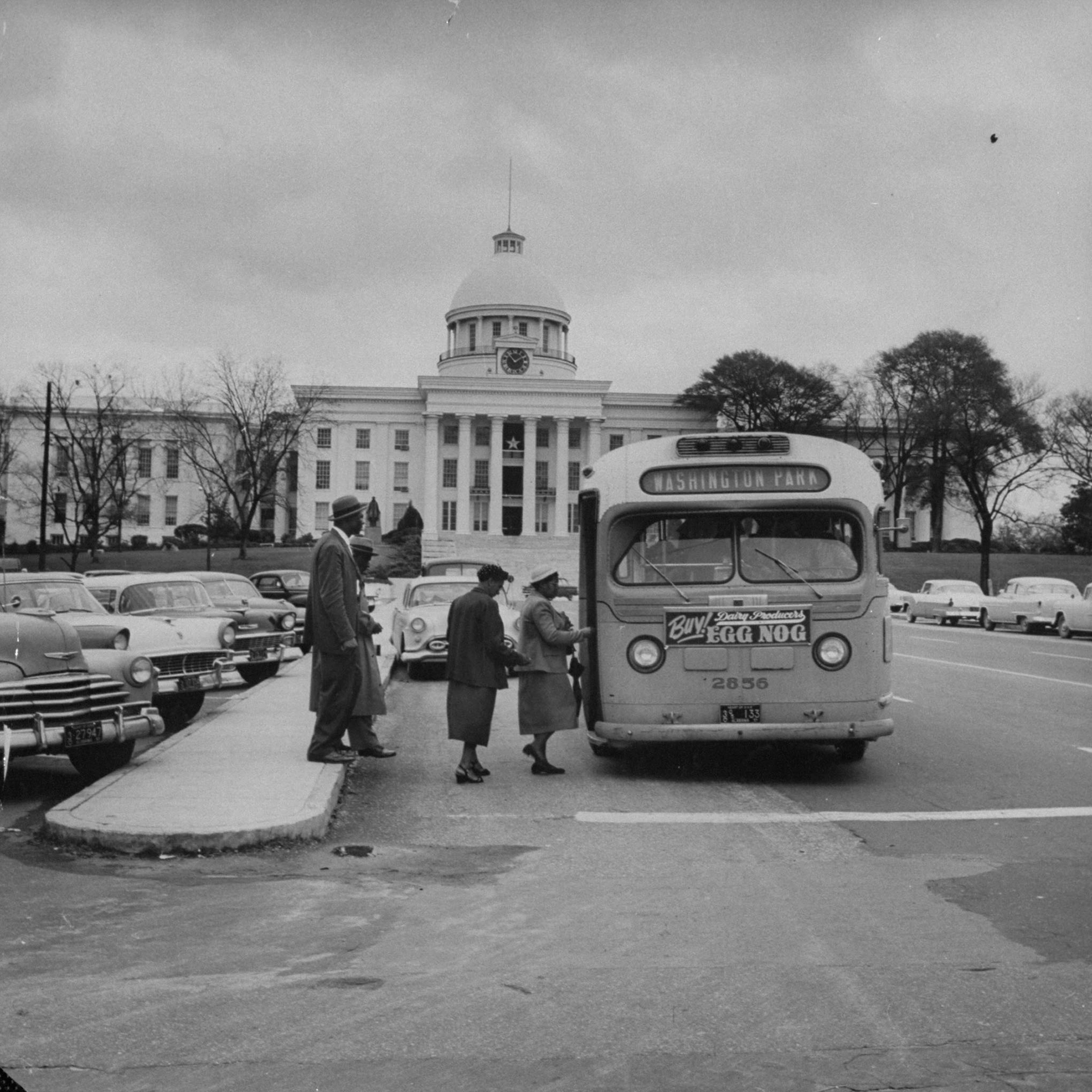 African Americans boarding a newly integ