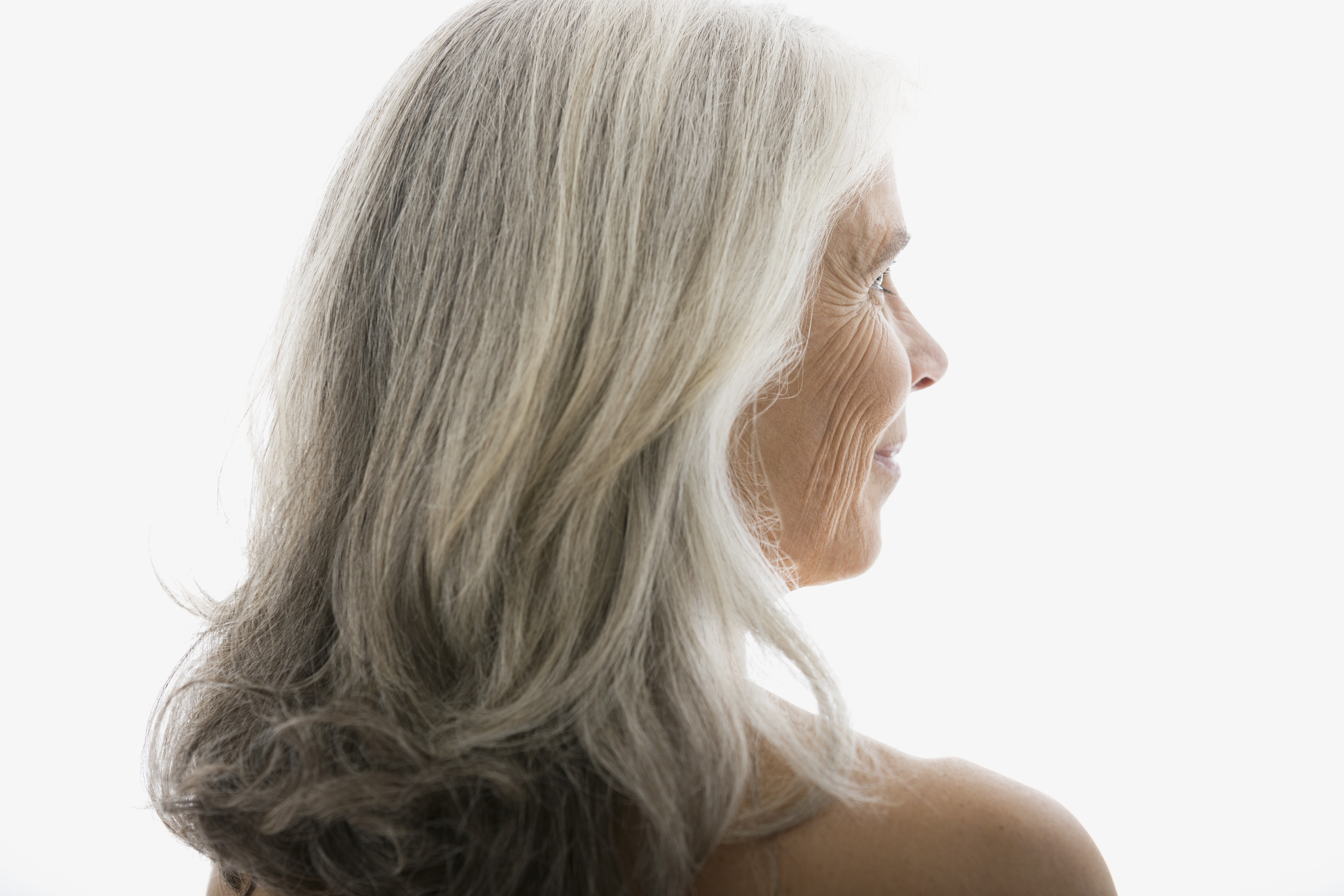 Rear view of senior woman with gray hair