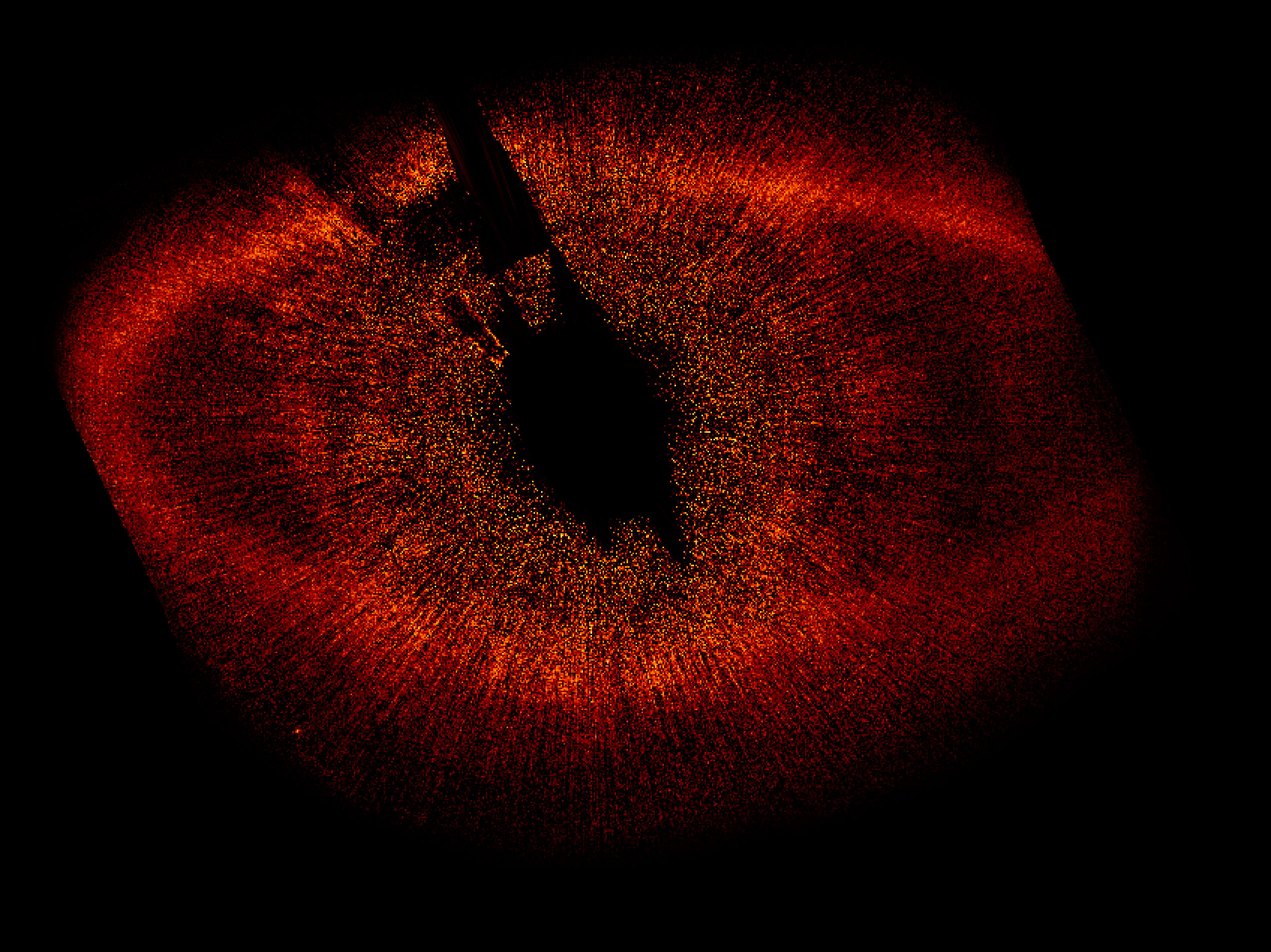 English: The large disk of gas surrounding Fomalhaut is clearly visible in this image. It is not centred on Fomalhaut quite as predicted, hinting that the gravity of another body – perhaps a planet – is pulling it out of shape.Date 13 November 2008Source