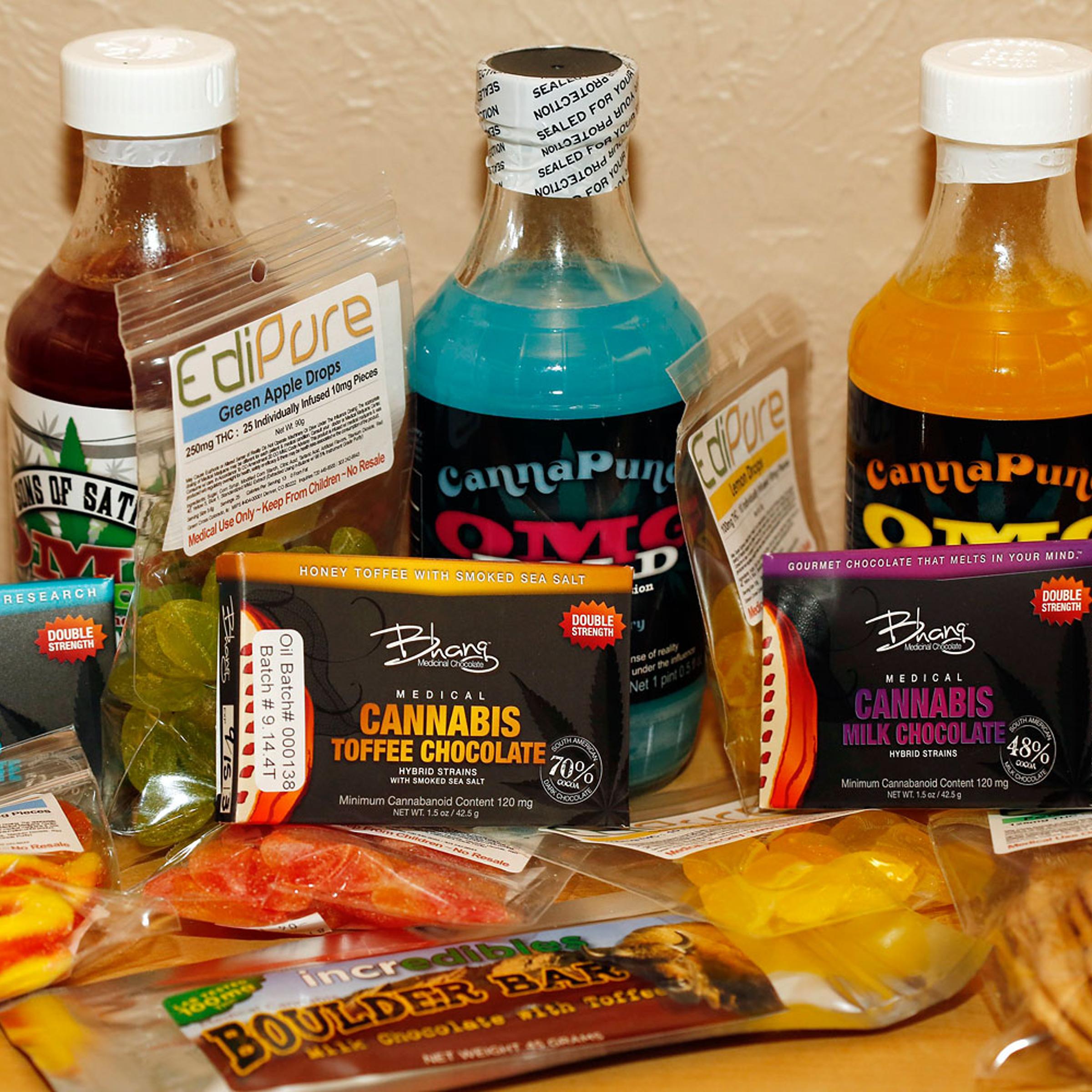 Edible marijuana products are pictured on display at a medical marijuana dispensary in Denver on April 18, 2014.