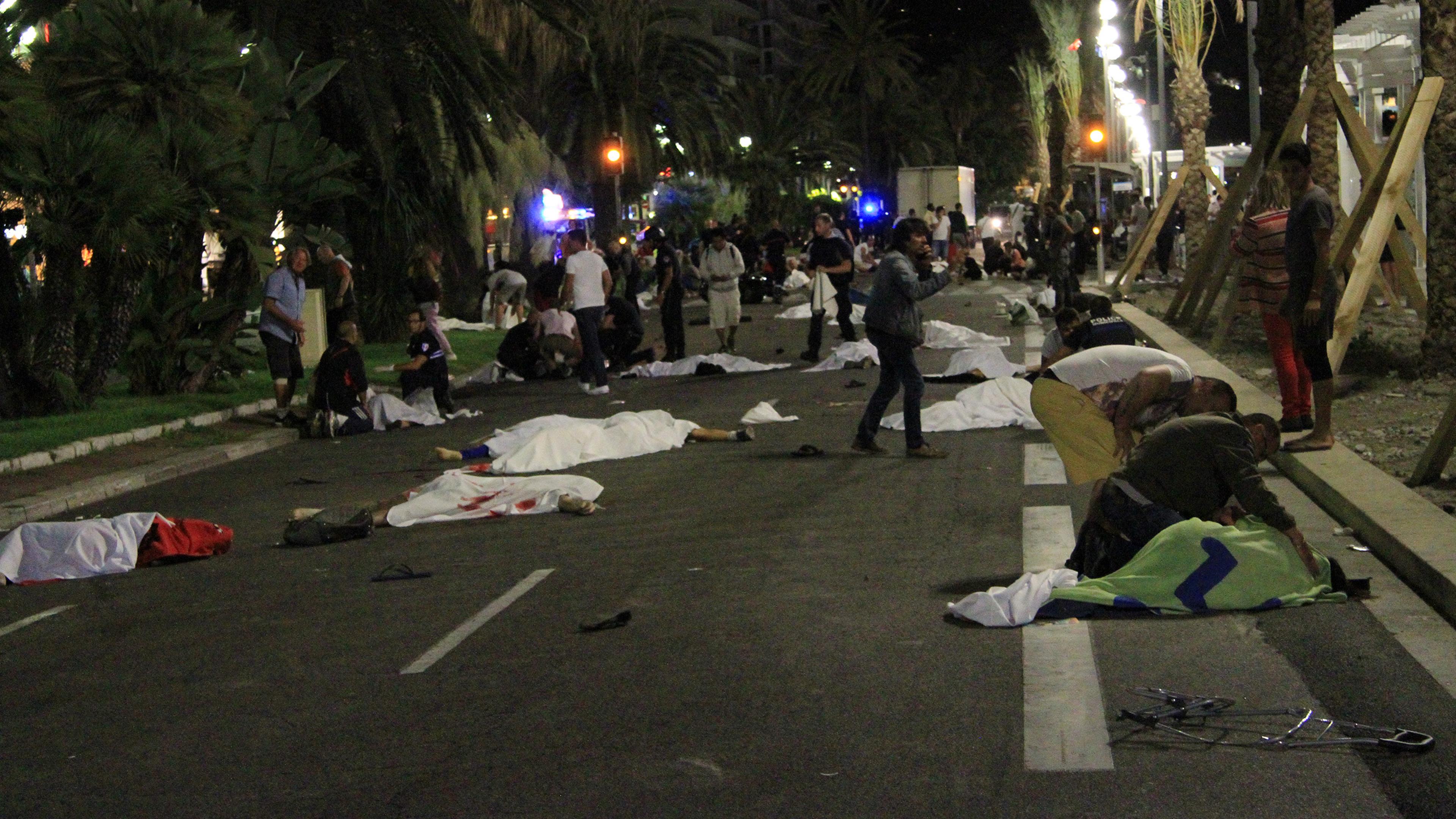 Bodies lie in the streets of Nice, France, after a terrorist attack that left at least 77 dead and dozens injured on July 14, 2016.