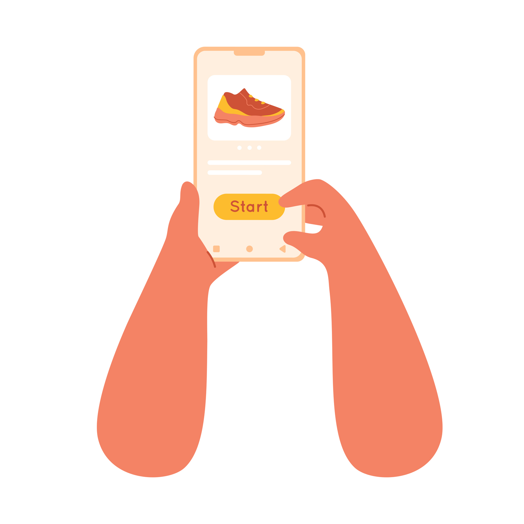 Hands hold phone, choosing virtual sneakers and press button start. Move 2 earn concept.