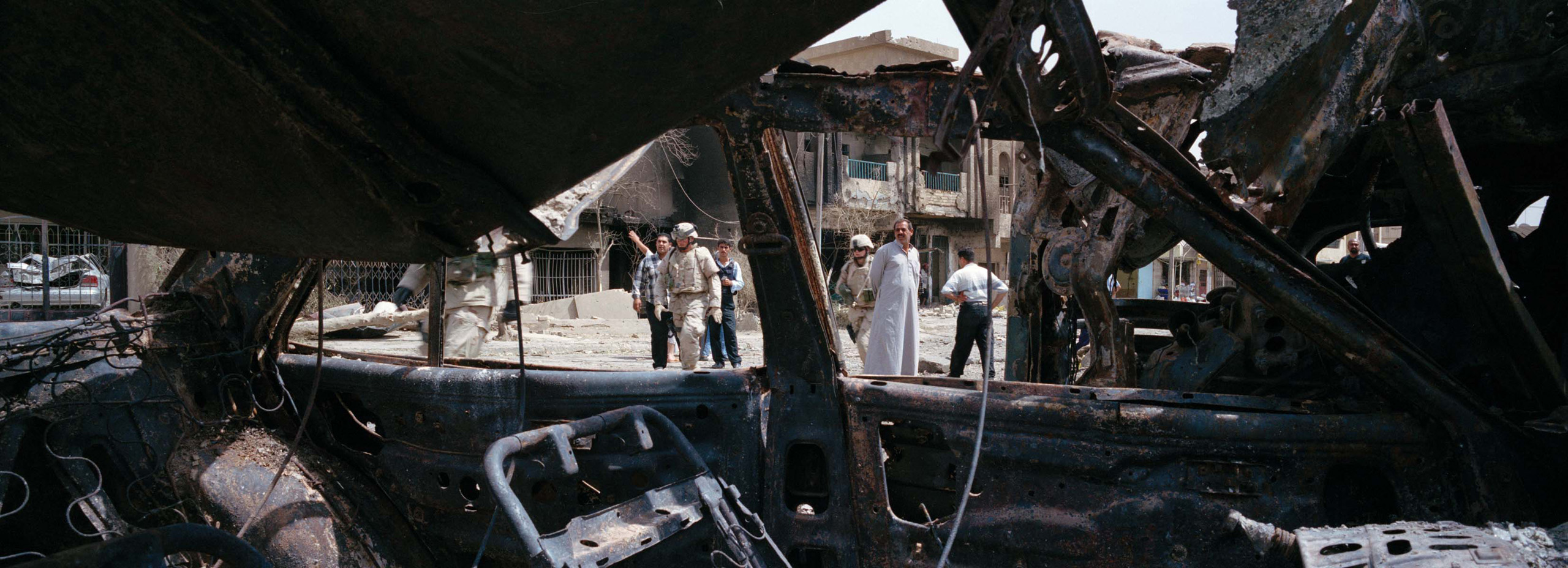 Wreckage of a suicide car bomb in Baghdad, Iraq, 2005.