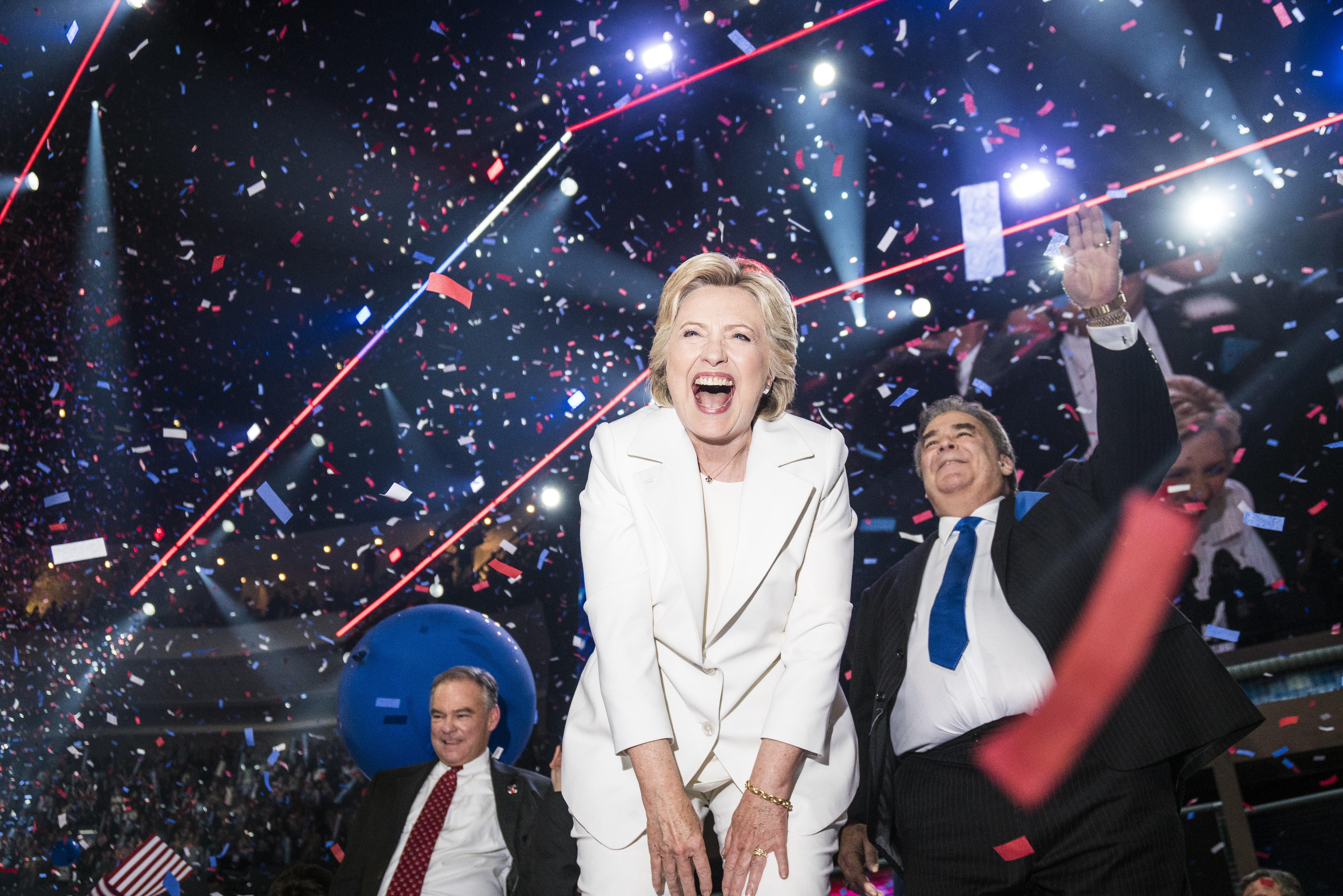 An ecstatic Hillary Clinton celebrates at the conclusion of the Democratic National Convention where she accepted the nomination on Thursday, July 28, 2016 in Philadelphia.