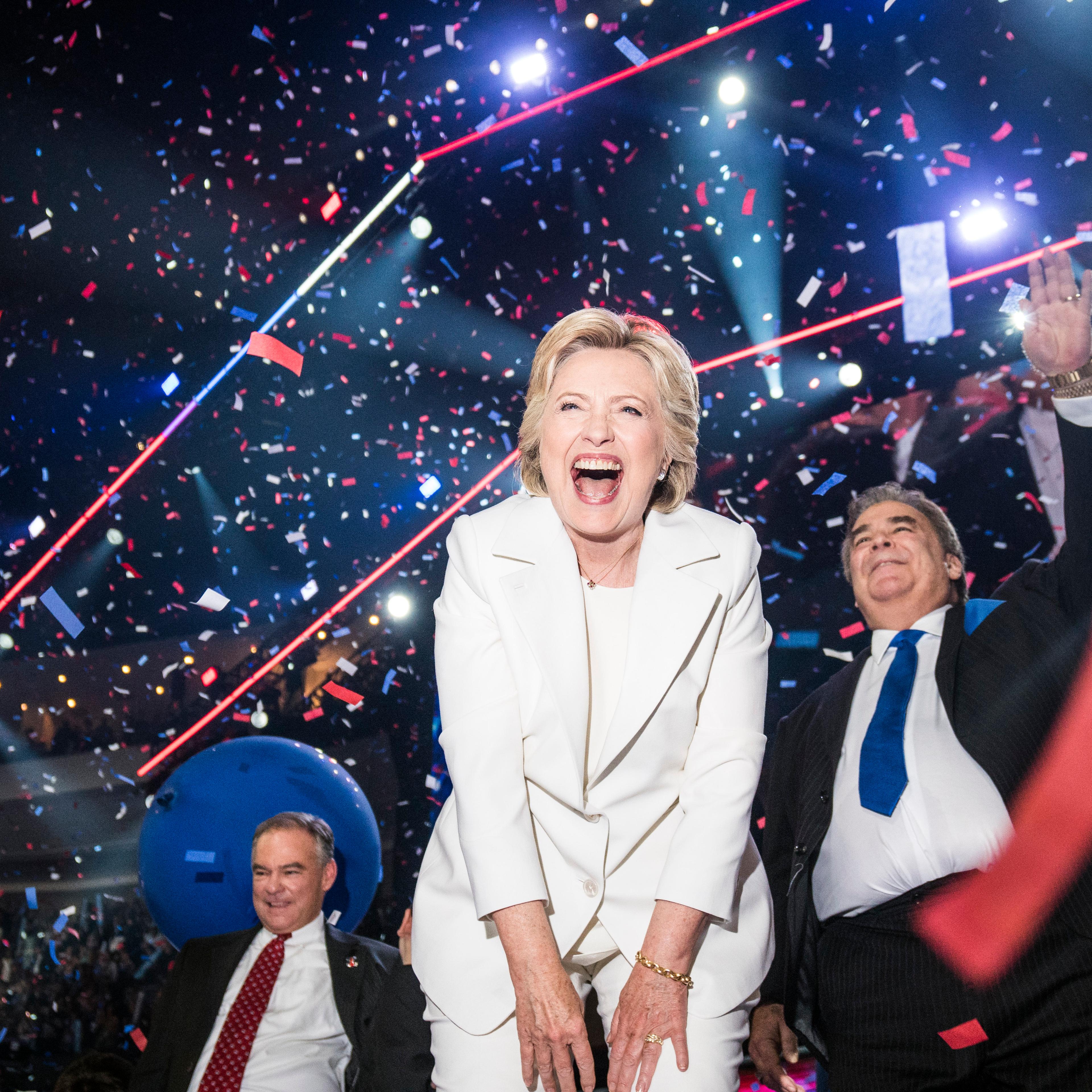 An ecstatic Hillary Clinton celebrates at the conclusion of the Democratic National Convention where she accepted the nomination on Thursday, July 28, 2016 in Philadelphia.