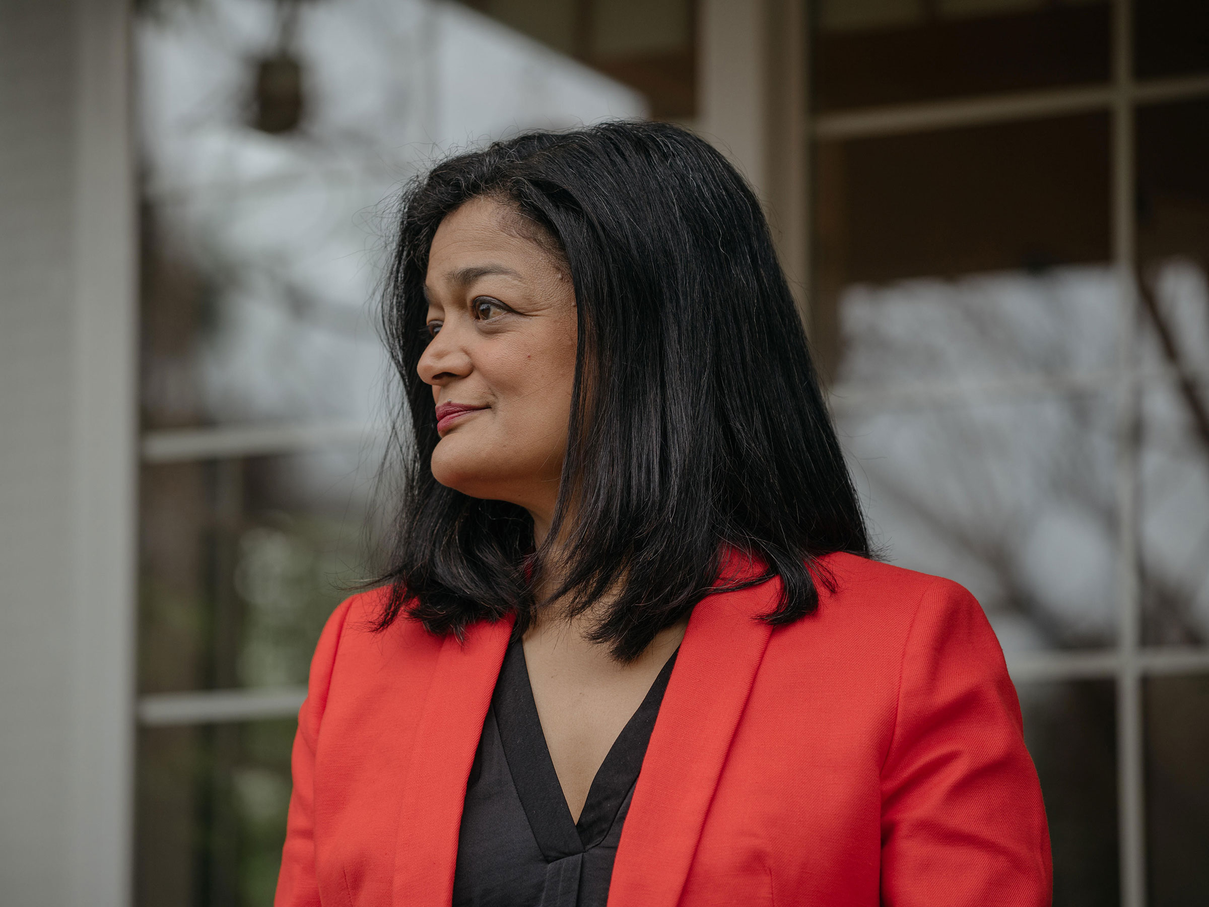 Rep. Pramila Jayapal (D-Wa.), at her home in Seattle, Washington, on April 25, 2020. Rep. Jayapal has historically had a different relationship with Amazon than her fellow progressives because so many of her constituents work for the tech giant, working 
