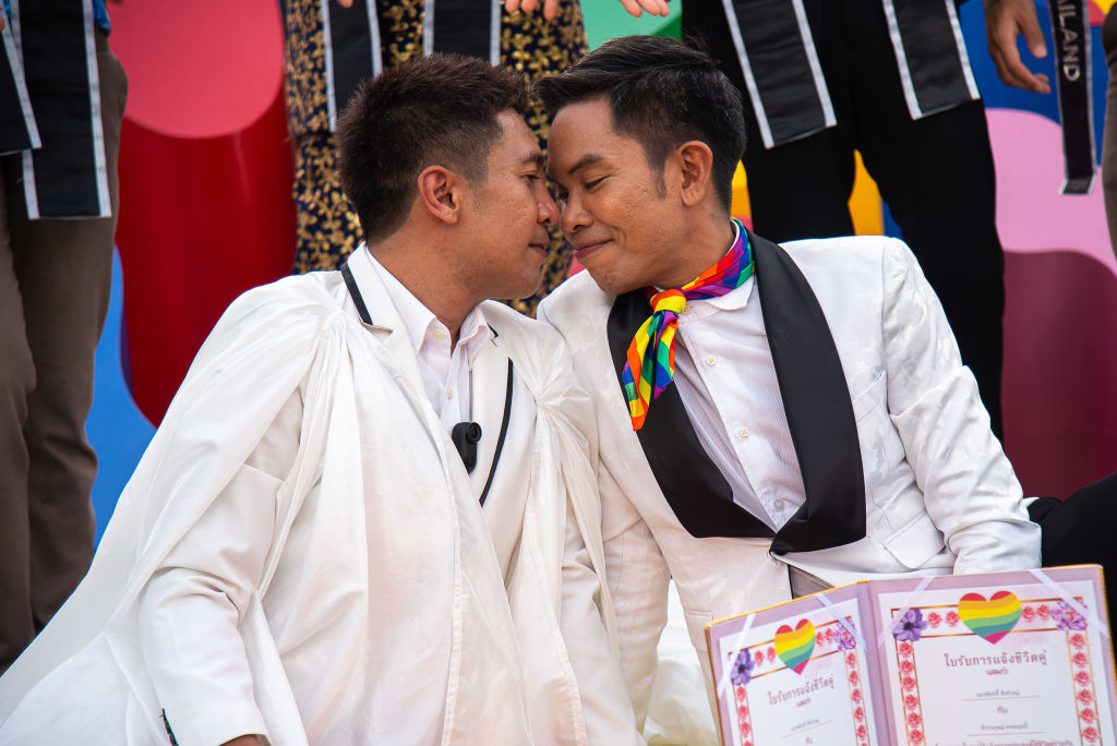A couple poses for a photo during the celebration event at the Government house in Bangkok, Thailand, on June 18, 2024.