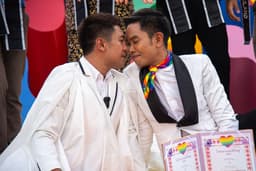 A couple poses for a photo during the celebration event at the Government house in Bangkok, Thailand, on June 18, 2024.