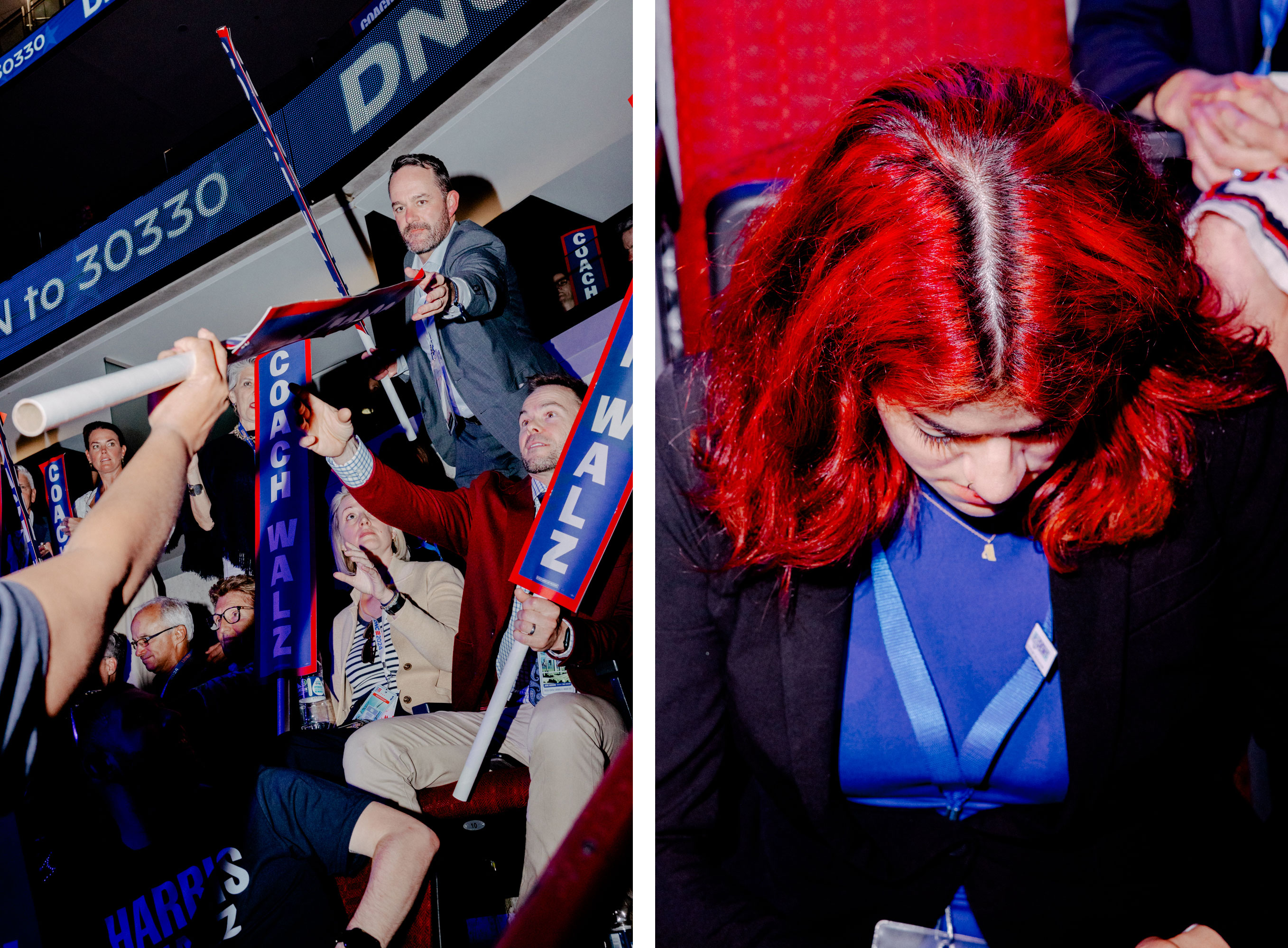 Day 3: Attendees hand out signs that say 'Coach Walz' ahead of a speech from vice-presidential nominee Tim Walz, Aug. 21; Day 3: An attendee in the crowd, Aug. 21