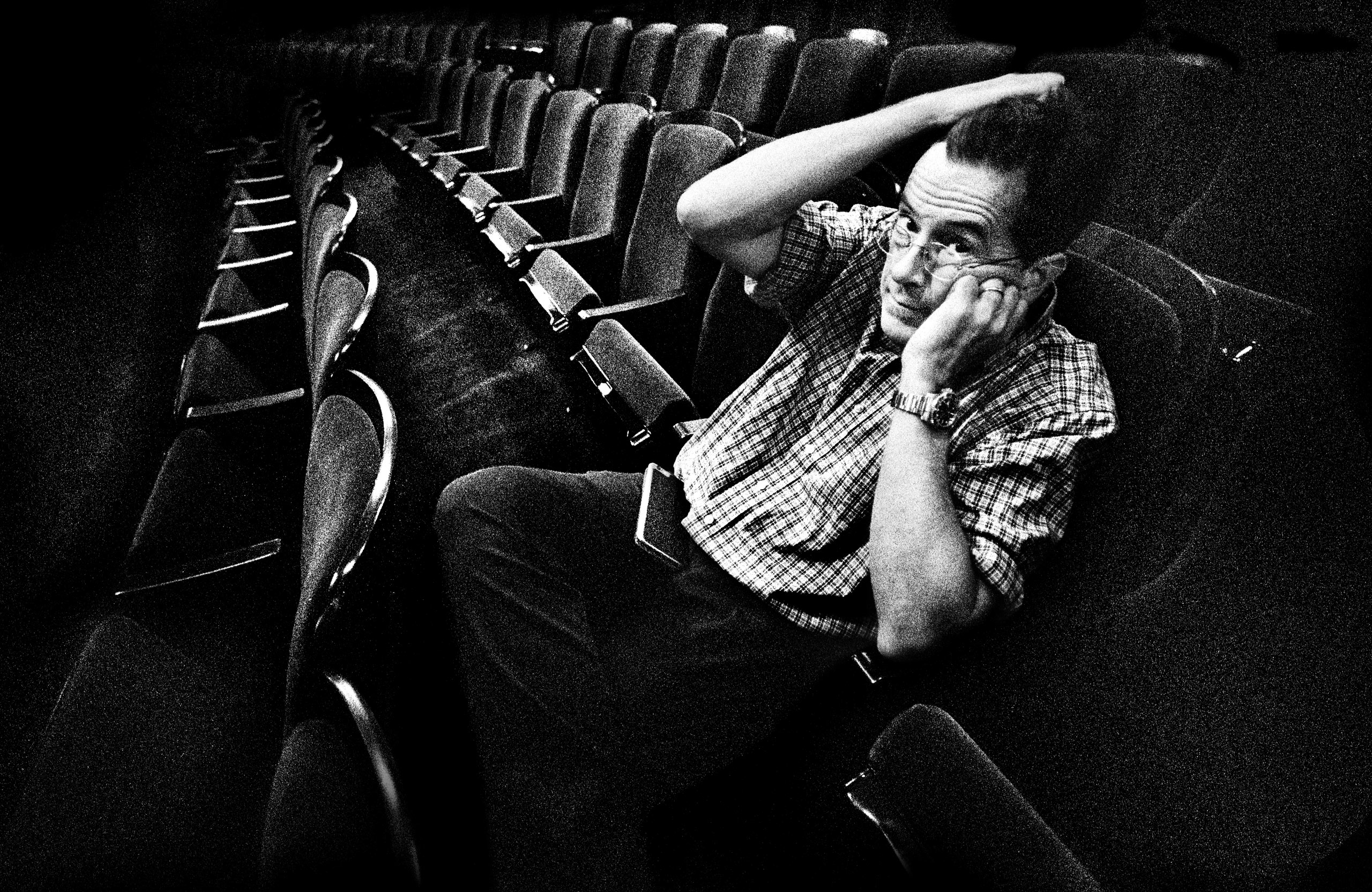 Stephen Colbert sitting in the newly installed chairs at the Ed Sullivan theater. Aug. 13, 2015. 