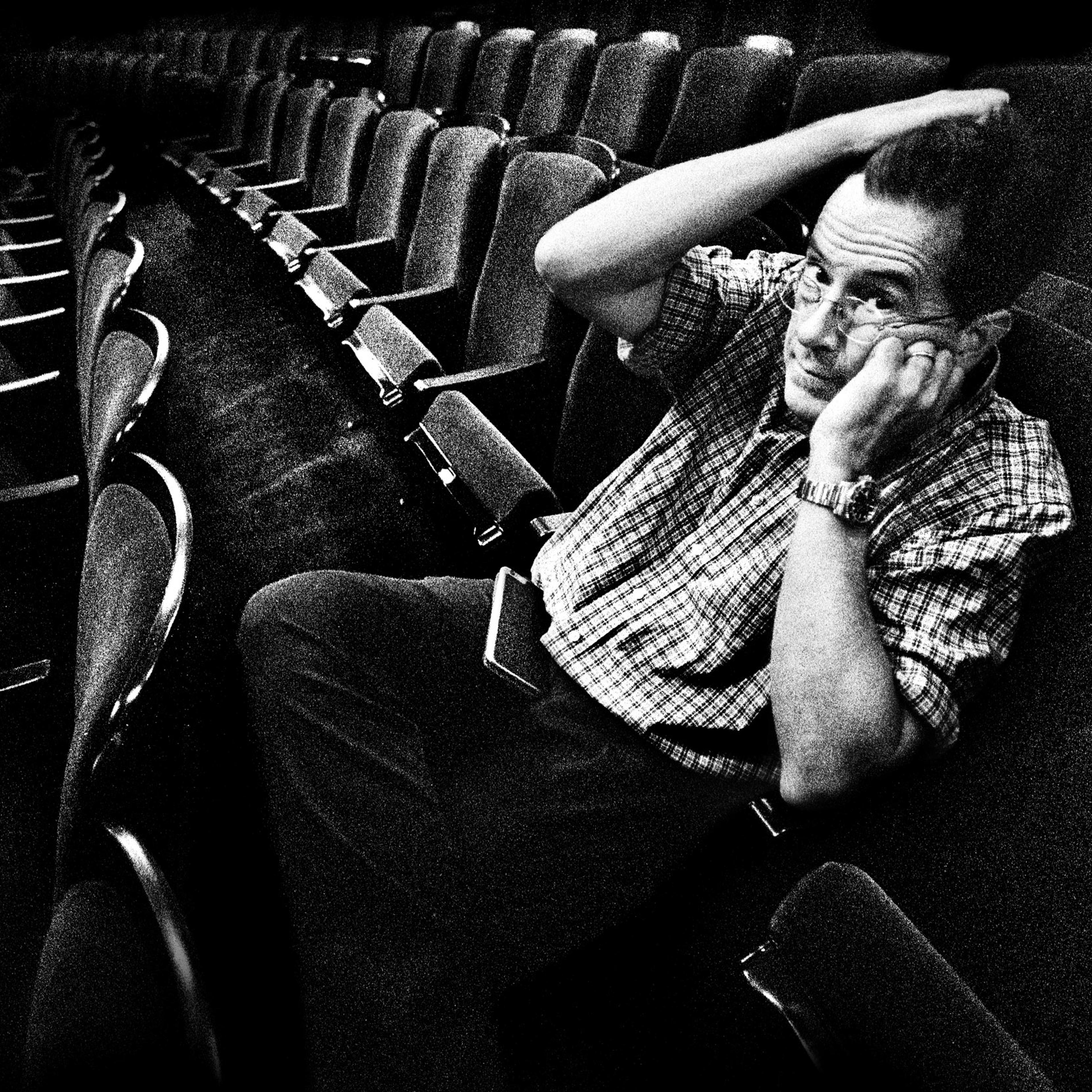 Stephen Colbert sitting in the newly installed chairs at the Ed Sullivan theater. Aug. 13, 2015.
