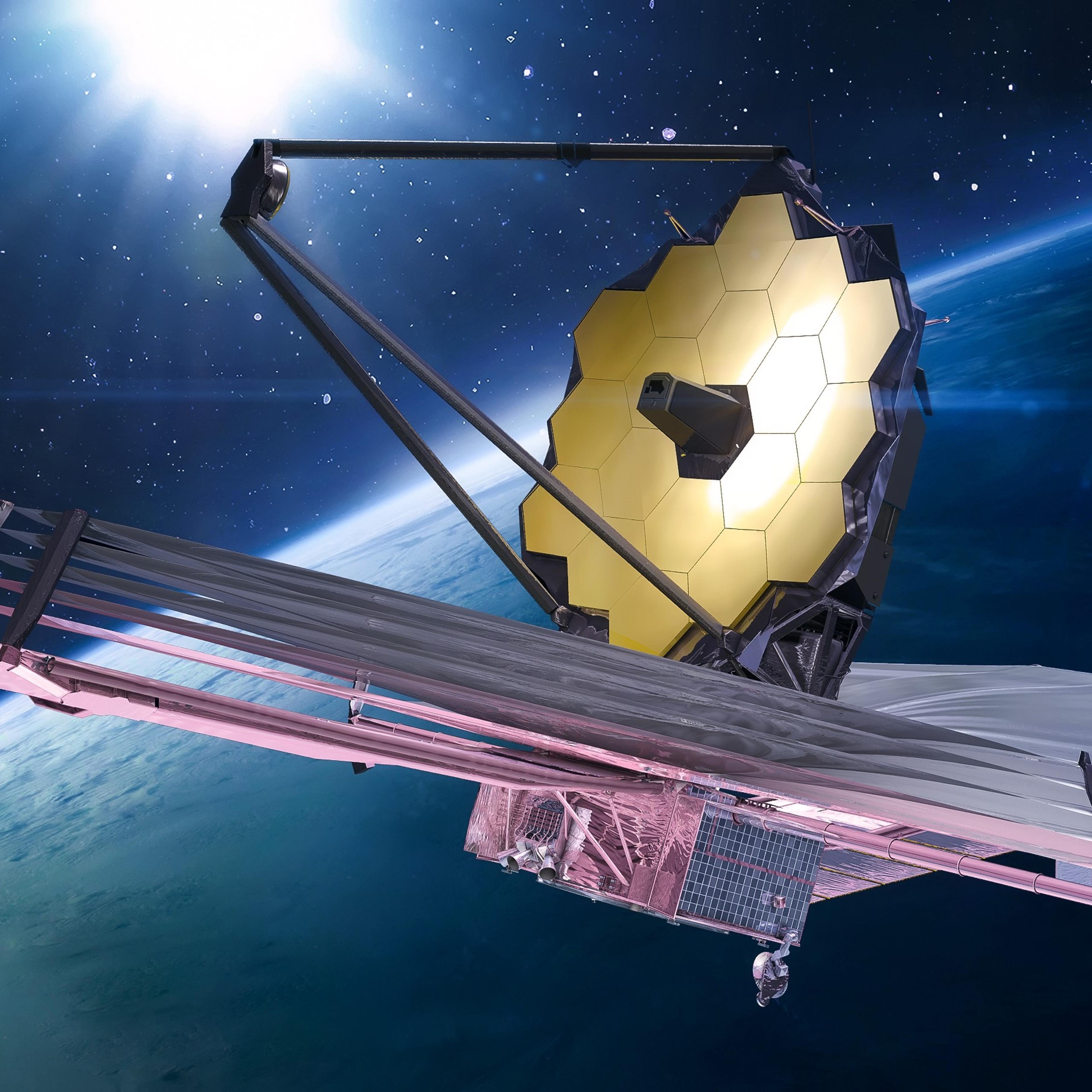 JWST in space near Earth. James Webb telescope far galaxies and planets explore. Sci-fi space collage. Astronomy science. Elements of this image furnished by NASA