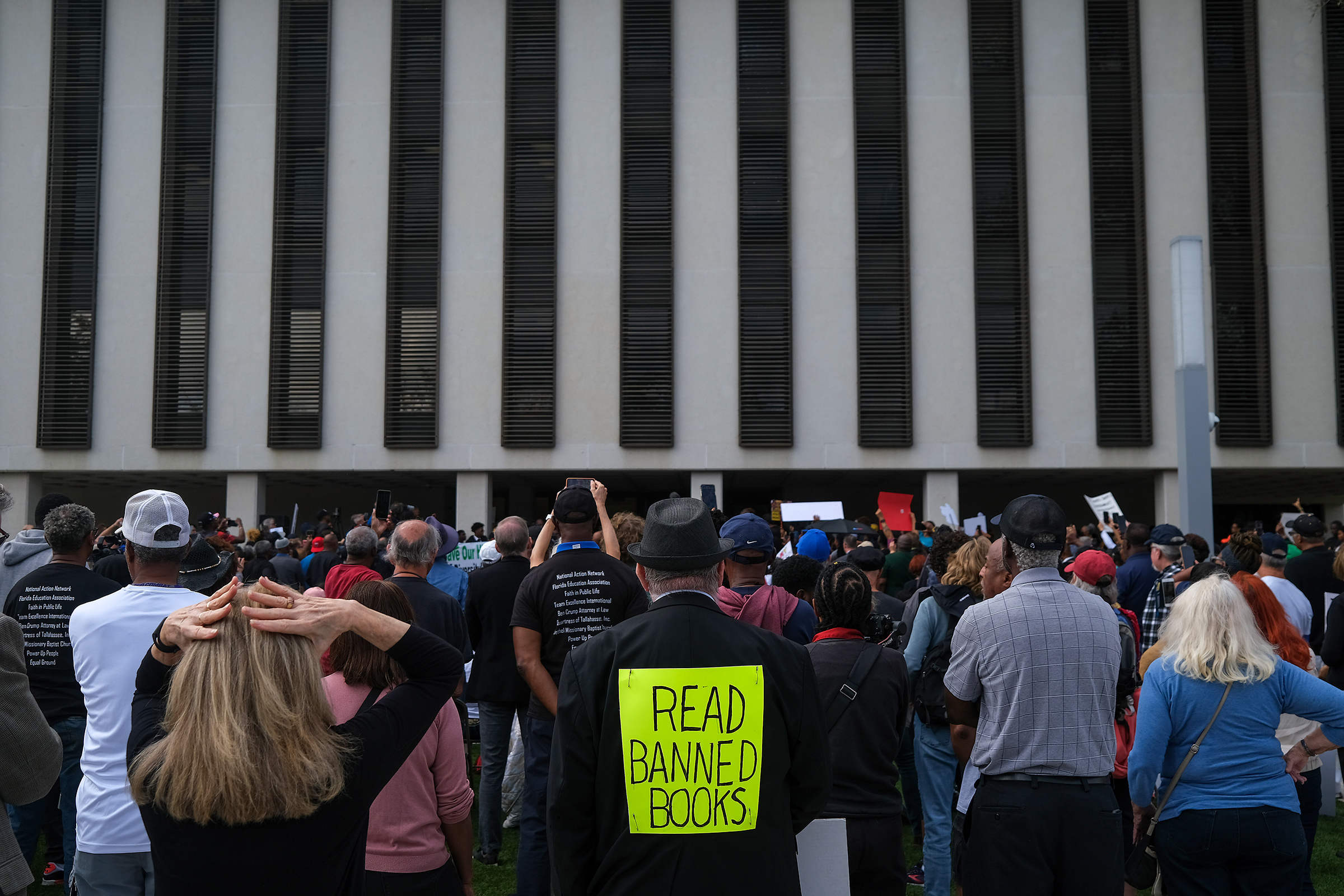 Demonstrators protest Florida Governor Ron DeSantis plan to eliminate Advanced Placement courses on African American studies in high schools outside the Florida State Capitol in Tallahassee, Fla., on Feb. 15, 2023.
