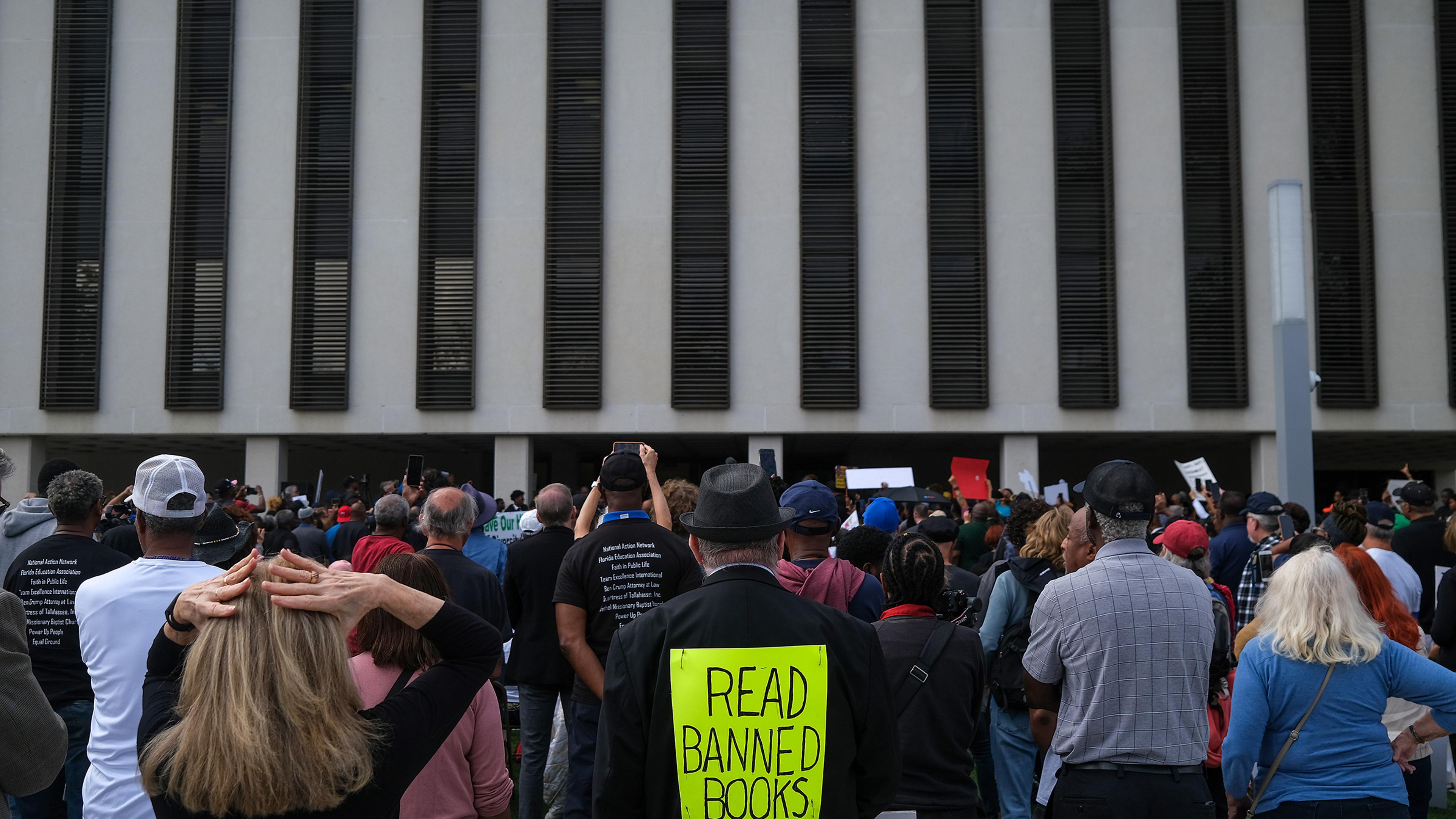 Demonstrators protest Florida Governor Ron DeSantis plan to eliminate Advanced Placement courses on African American studies in high schools outside the Florida State Capitol in Tallahassee, Fla., on Feb. 15, 2023.
