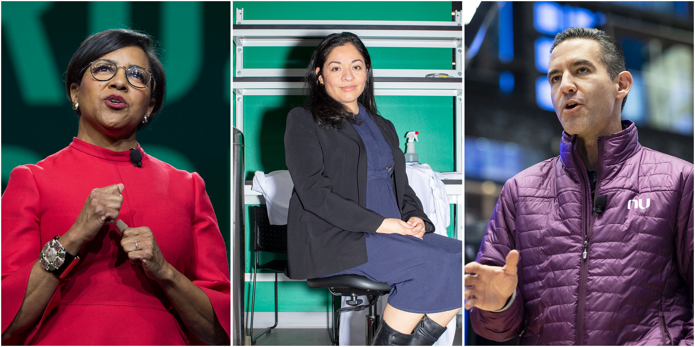 triptych featuring CEOs Roz Brewer of Walgreens, Mariana Matus of Biobot Analytics, and David Vélez of Nubank